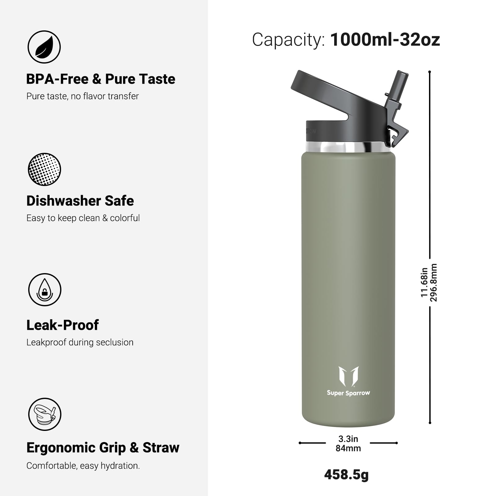 Super Sparrow Borraccia Termica - 500ml, 750ml, 1L - SwivelSip Inox Bottiglia - Senza BPA Borracce Termiche, Borraccia Bambini Ergonomica per Scuola, Sportiva, Bici, Campeggio, Palestra