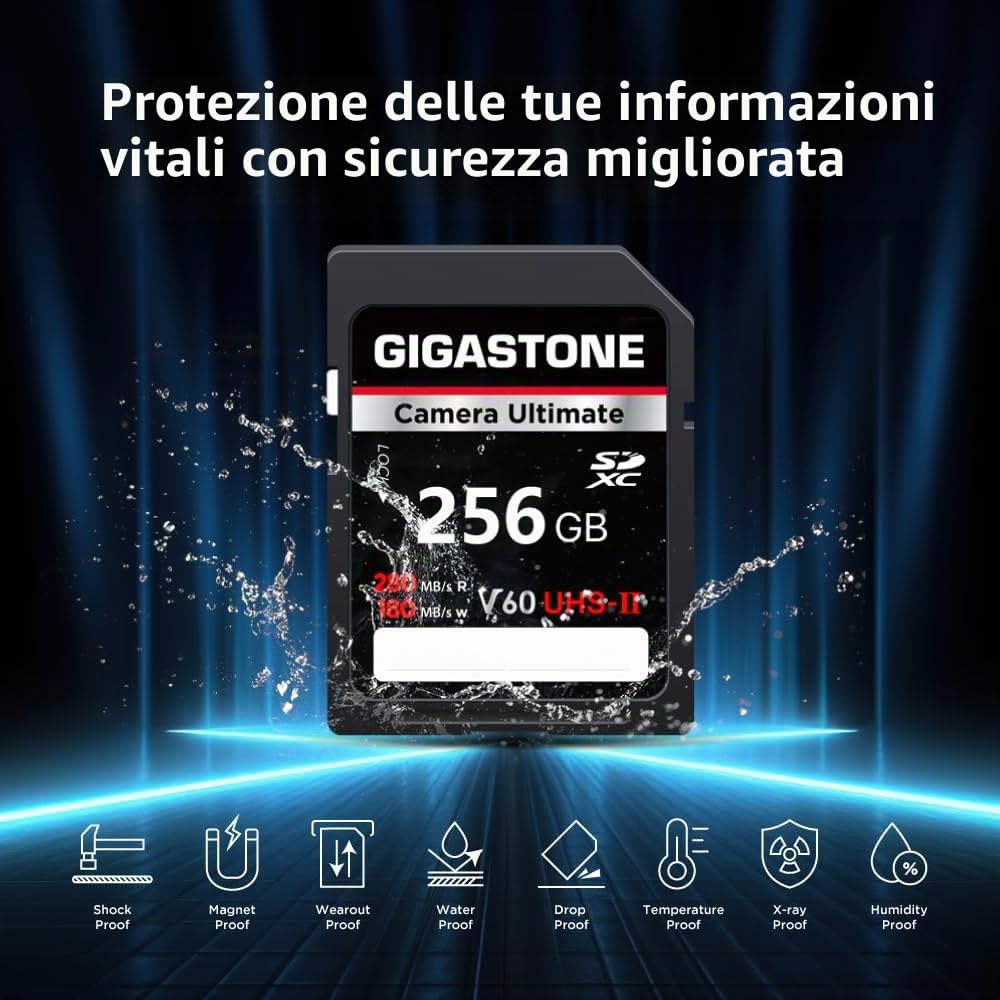 GIGASTONE UHS-II V60 256GB SD Card Camera Ultimate, Velocità fino a 280/180MB/s, U3 SDXC 4K Ultra HD UHD Video per DSLR Canon, Nikon, Sony, Pentax, Kodak, Panasonic, con 1 mini custodia