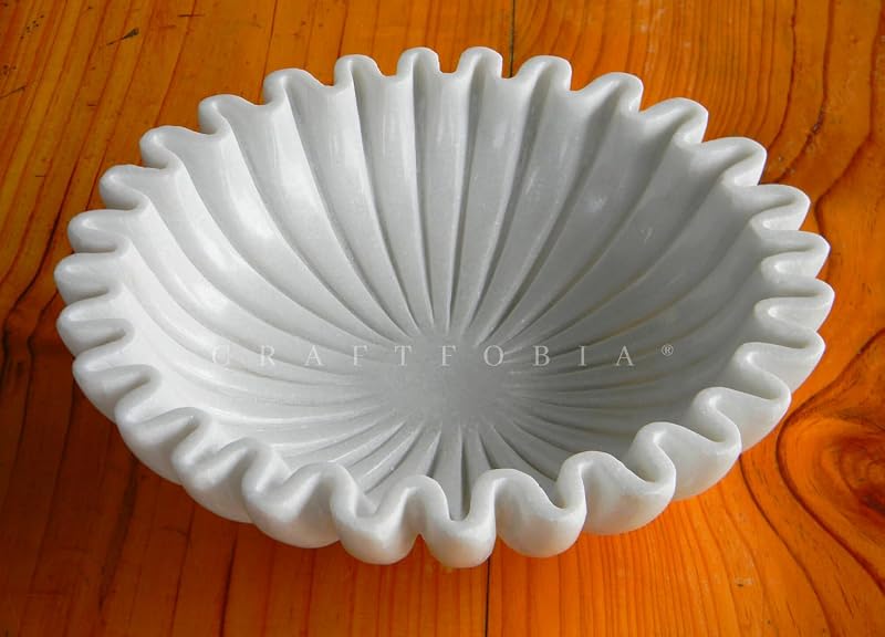 HandCrafted Marble Bowl/Antique Scallop Bowls/Fruit holder/Vintage Ring Dish gift/Marbles Decorative Bowls, Ruffle Flower Bowl/Marble Fluted dish, deco Jewelery (7 inches)