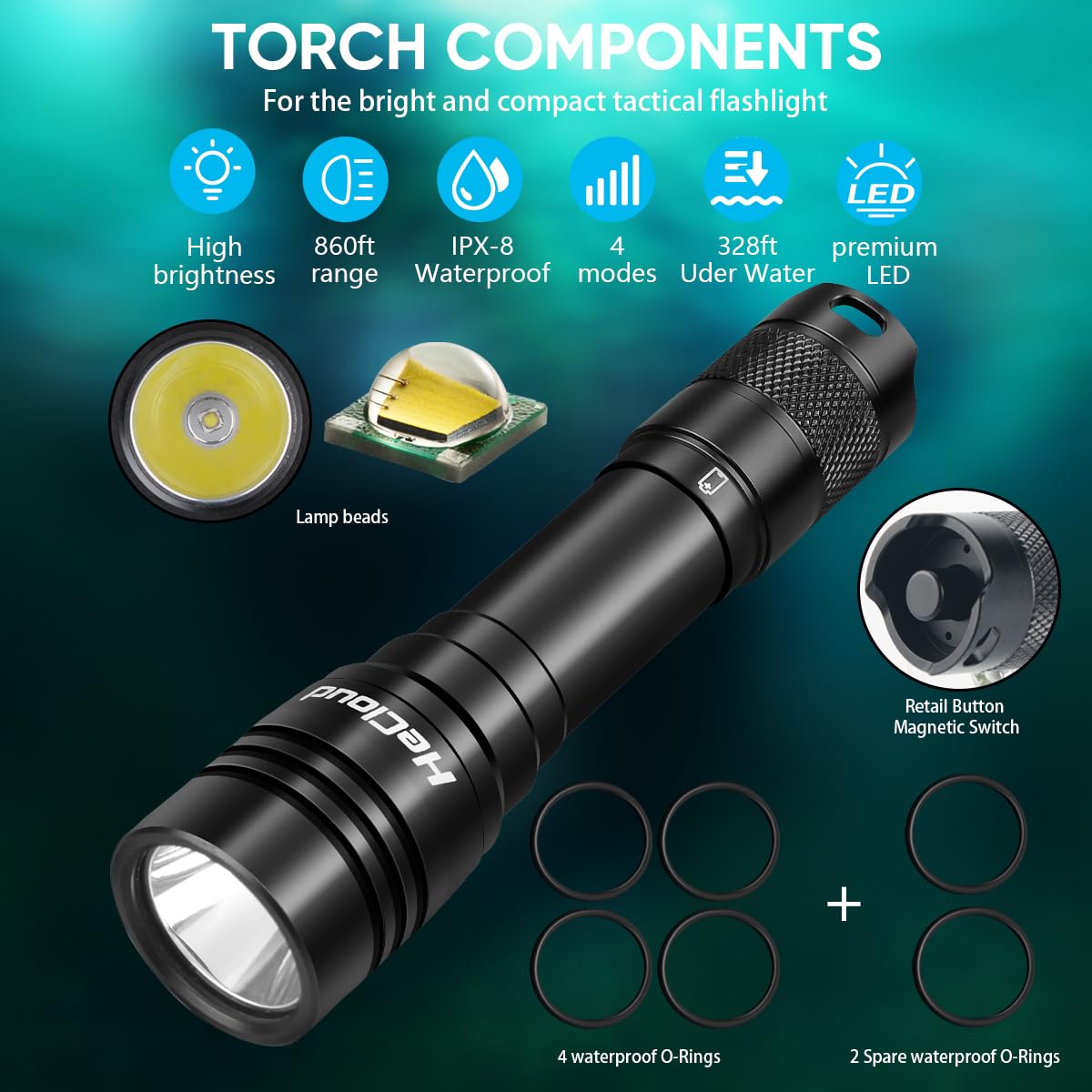 Paquete de 2 linternas de buceo con linterna de buceo recargable de 3000 lúmenes bajo el agua 328 pies IPX8 impermeable 4 modos de luz de seguridad con cargador USB para buceo submarino en
