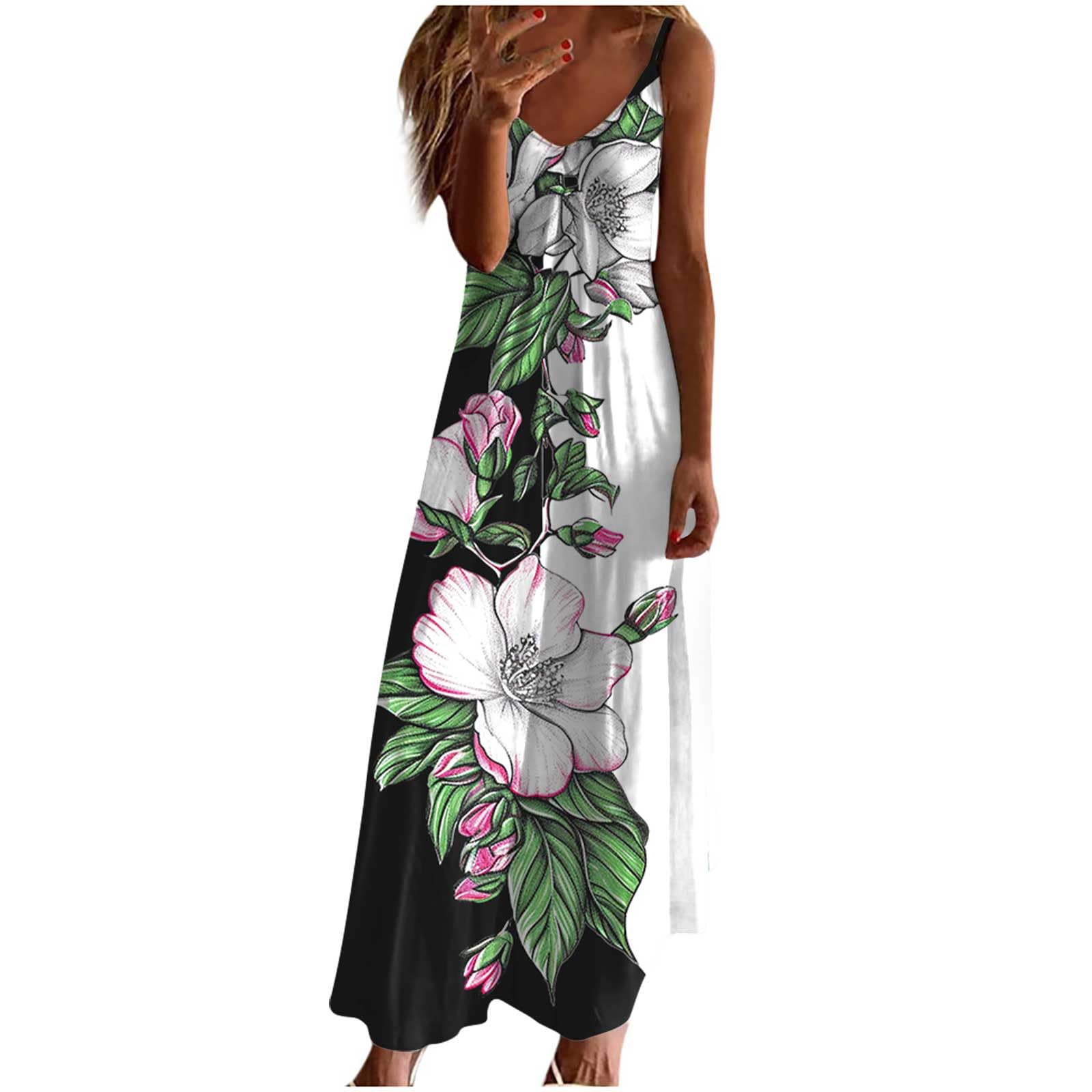 Generic Vestidos de verano sin mangas para mujer, vestido largo casual con cuello en V y tirantes delgados, tallas grandes