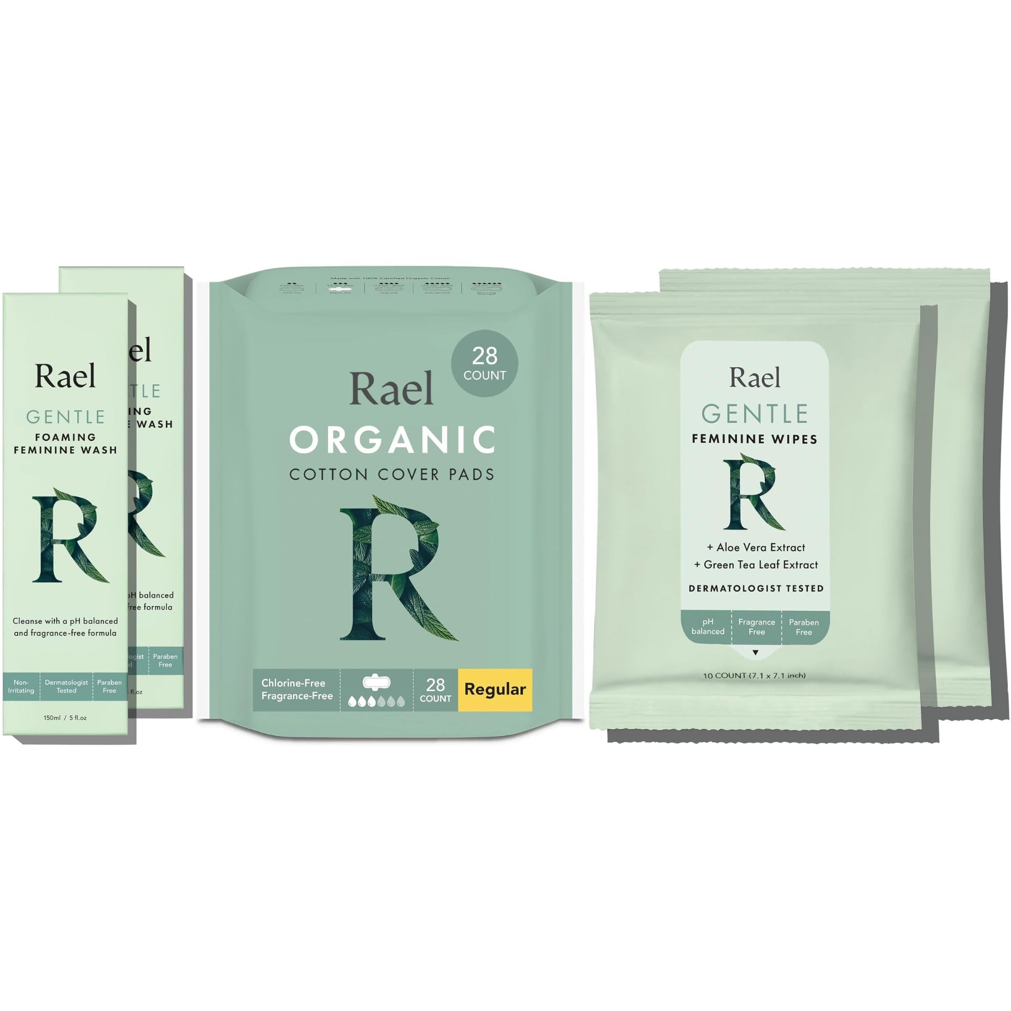 Rael Feminine Care Bundle - Foaming Feminine Cleansing Wash 2 Pack Feminine Wipes 2 Pack Organic Cotton Cover