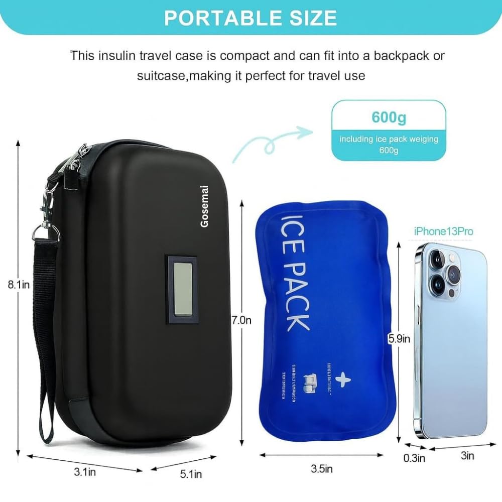 Gosemai Insulin Cooler Case with Temperature Display, Holds 3–4 Pens, 2 Reusable Ice Packs, Hard Shell Diabetic Travel Bag for Insulin, Ozempic & Mounjaro (Black.) 2