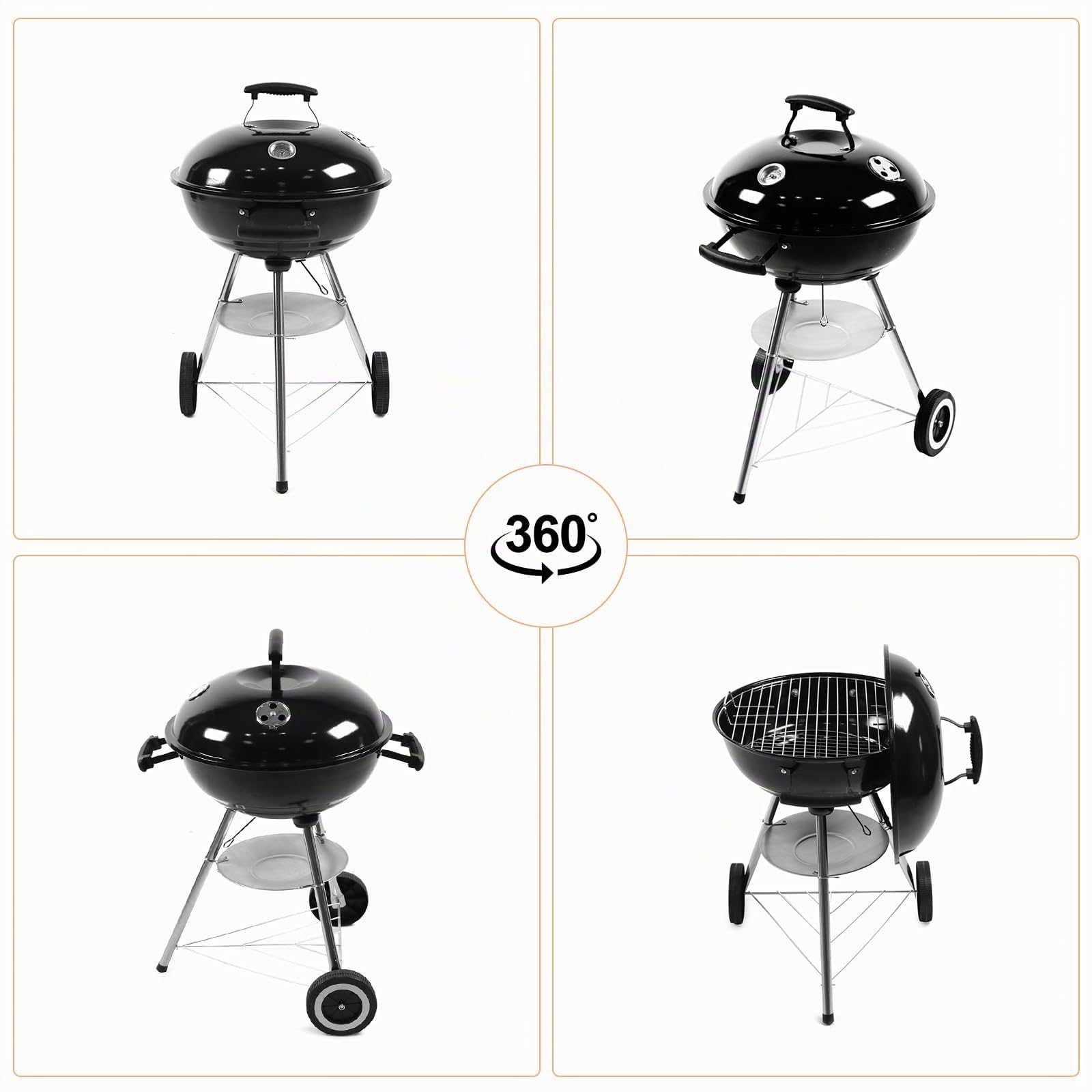 KONO Barbecue a carbonella, griglia da picnic, in acciaio inox, con coperchio, con manico in acciaio inox, termometro, barbecue, barbecue, barbecue, barbecue, barbecue, barbecue, barbecue, per