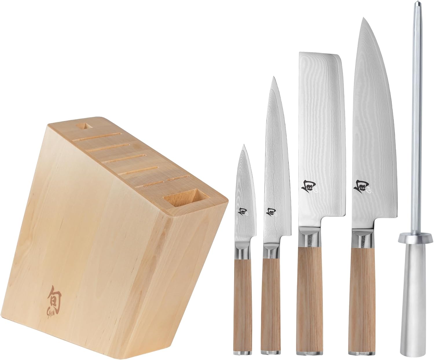 Shun Classic Blonde 6 Piece Block Set, Includes 8" Chef, 3.5" Paring, 6.5" Nakiri, 6" Utility Knives, Honing Steel & Angled Knife Block, Handcrafted Japanese Knife Set, Pakkawood Handles