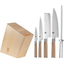 Shun Classic Blonde 6 Piece Block Set, Includes 8" Chef, 3.5" Paring, 6.5" Nakiri, 6" Utility Knives, Honing Steel & Angled Knife Block, Handcrafted Japanese Knife Set, Pakkawood Handles
