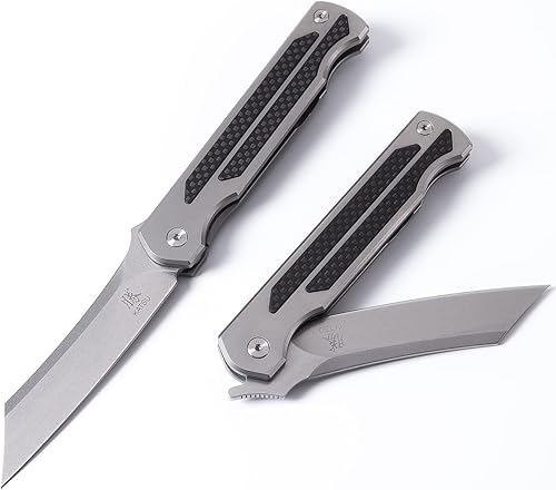 Miniatura 2 de KATSU Cuchillo japonés plegable de bolsillo para camping, mango de fibra de carbono y titanio, bloqueo de marco, hoja de afeitar lavada a la piedra