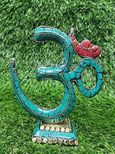 NIM Brass om on Stand Decorated with Green and red Turquiose Stone Used as Idol Table Decoration