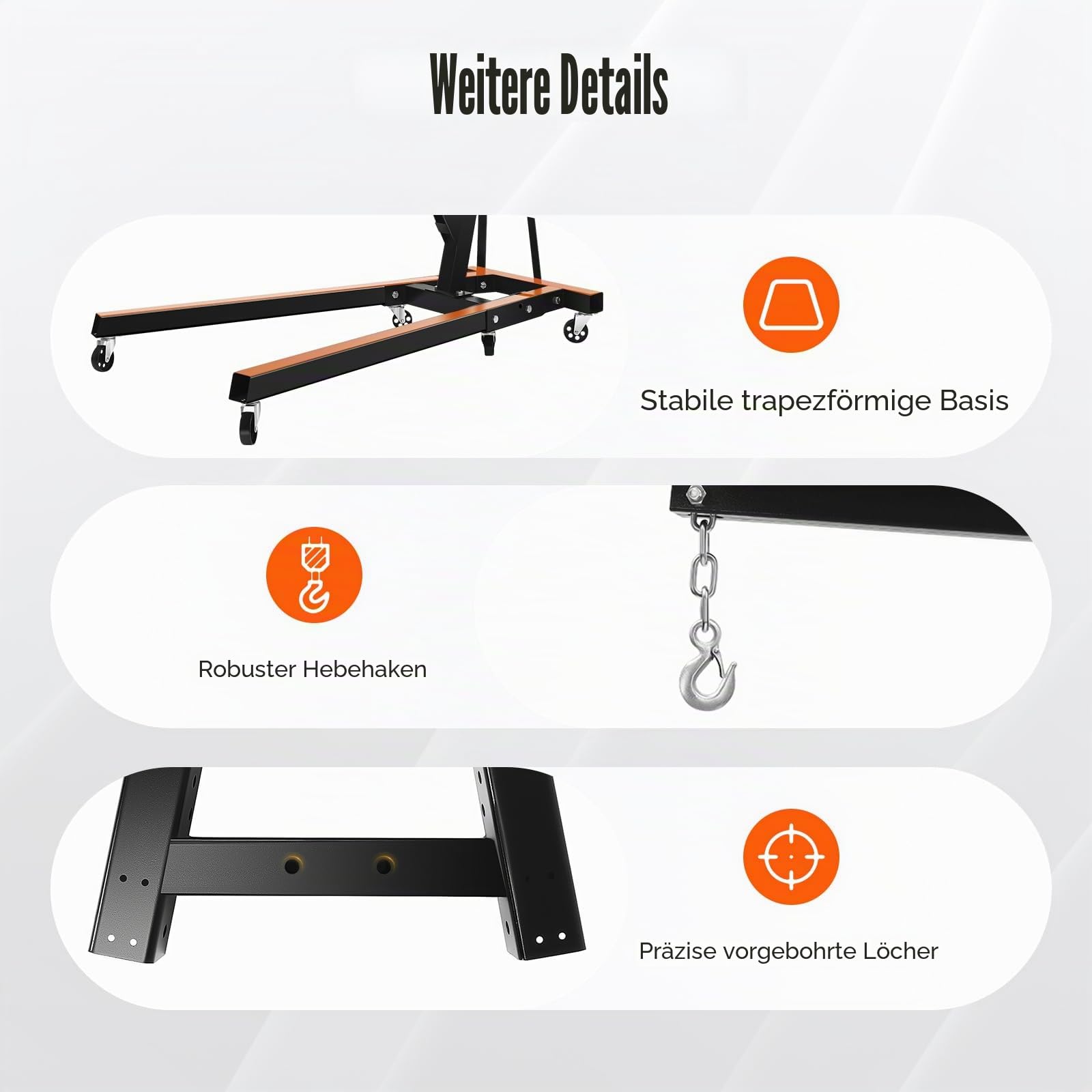 Hydraulischer Werkstattkran 2 Tonnen - Faltbarer Motorkran aus Kohlenstoffstahl, Motorheber mit verstellbarem Arm, drehbaren Rädern und verstärktem Rahmen, für Garage und Werkstatt (Schwarz)