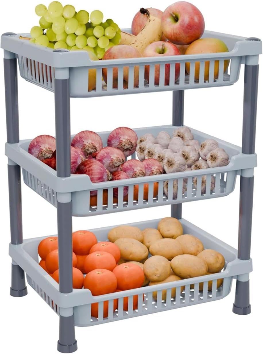 3-Layer Fruits & Vegetable Stand/Multipurpose Rack for Storage | Space-Saving Onion Potato Rack for Kitchen Storage/Durable Kitchen Racks for Storage (Grey)