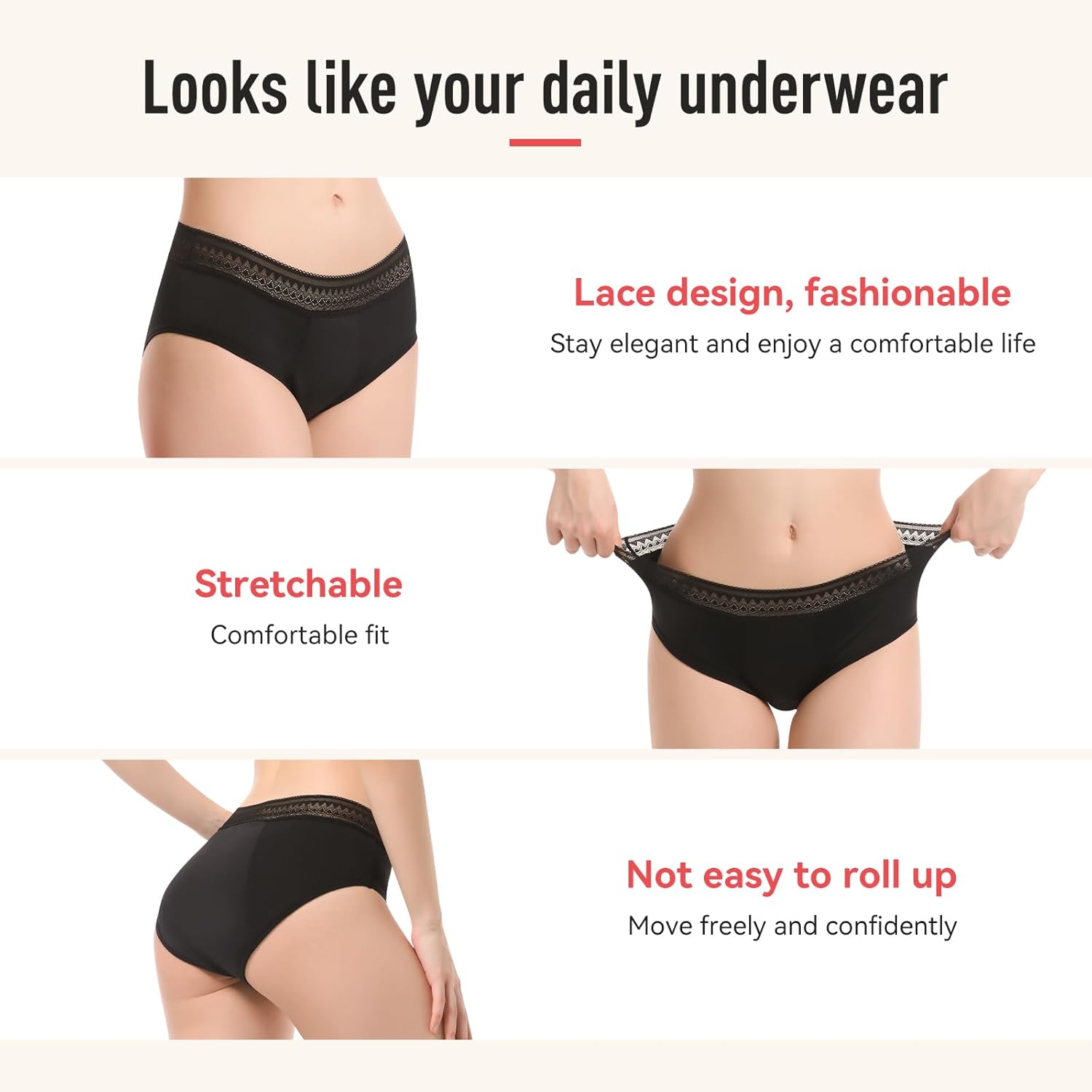 Carer 2pk Period Underwear for Women Lace Absorbency Leak Proof for Womens Menstrual Light Incontinence Protective Briefs Black L - Image 5