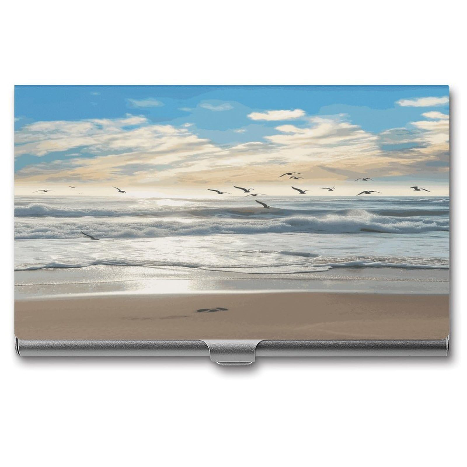 LDGSUPH Waves on The Beach with Sea Birds Business Card Holder Fashion Slim Name Card Holder Minimalist Design Case Metal Card Carrier Personalized Business Card Case with Flip for Men Women