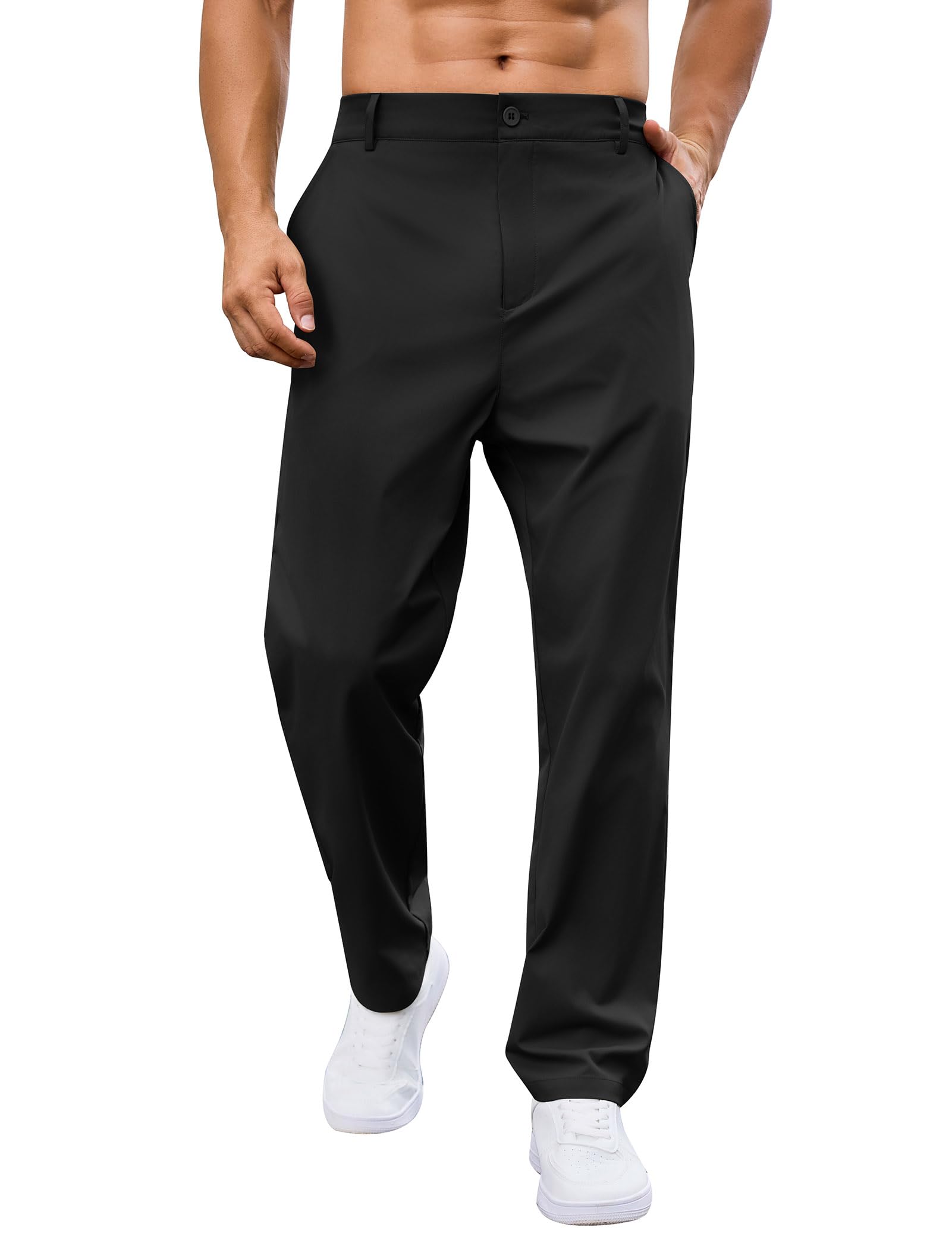 OLEMEK Mens Golf Pants Flat Front Business Work Dress Pants Quick-Drying Straight Leg Trousers with Pockets