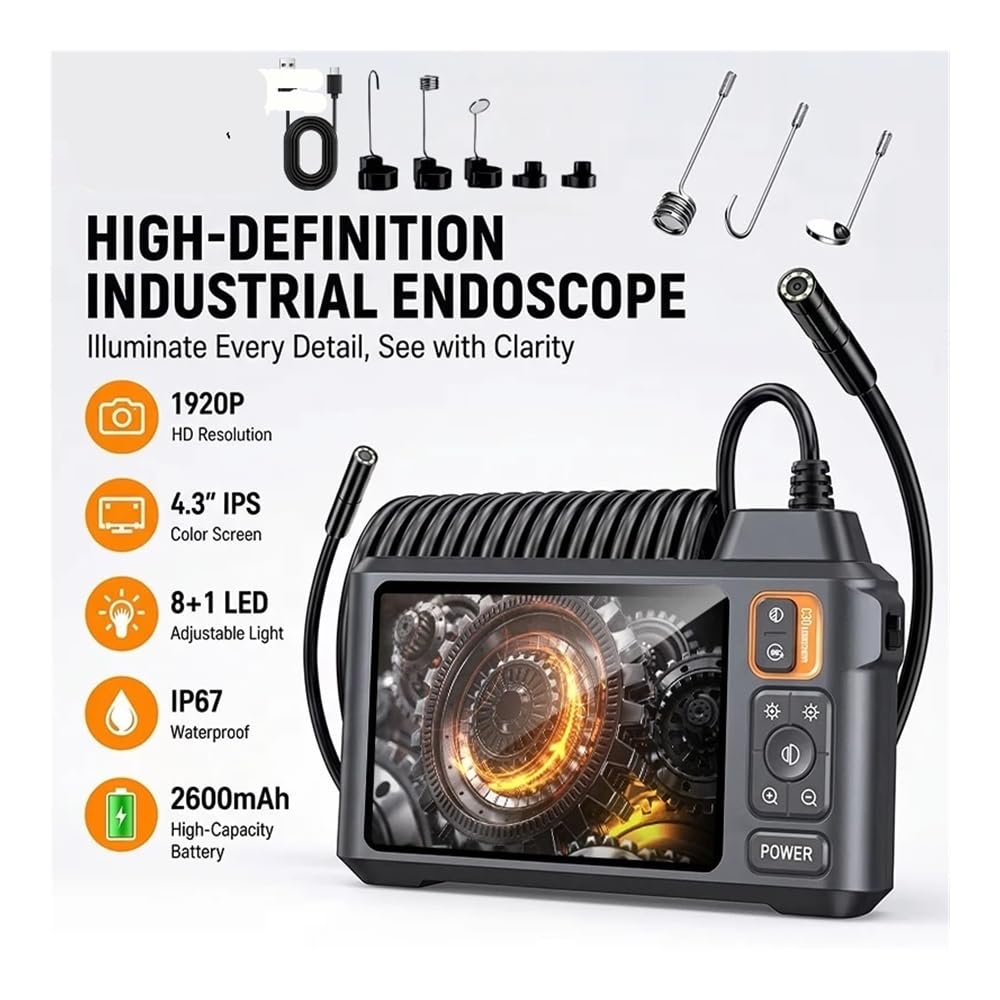 Cámara endoscópica de Doble Cabezal 1920P IP67 Resistente al Agua, Pantalla IPS de 4,3 Pulgadas, boroscopio de inspección de alcantarillado con Cable semirrígido de 16,4 pies(2M)