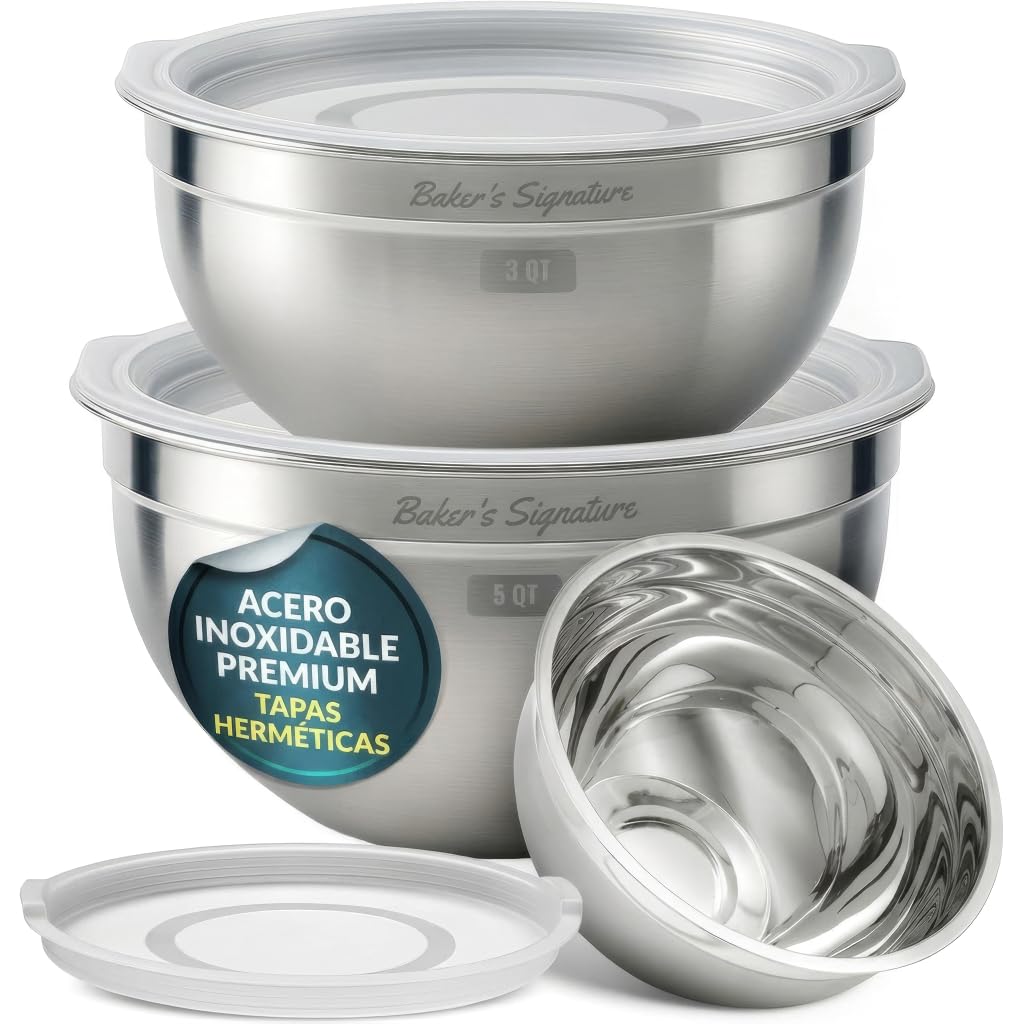 Baker's Signature Juego de 3 cuencos de acero inoxidable para mezclar con tapa, juego de 3 cuencos de metal para preparar alimentos, hornear, almacenar, cocinar, servir, apto para lavavajillas y