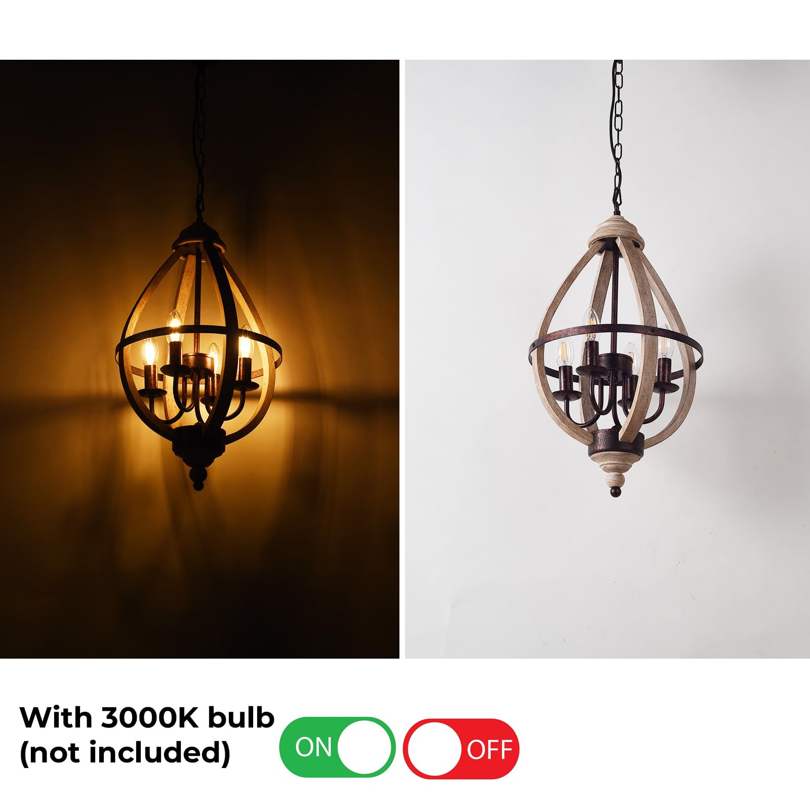 Alpinaluz Lampa Wisząca 4x E14 z Naturalnego Drewna z Łańcuchem | Drewno i metal w rdzawej optyce, Ø32 x 55 cm, regulowany łańcuch 90 cm, włącznik ścienny, do jadalni lub holu