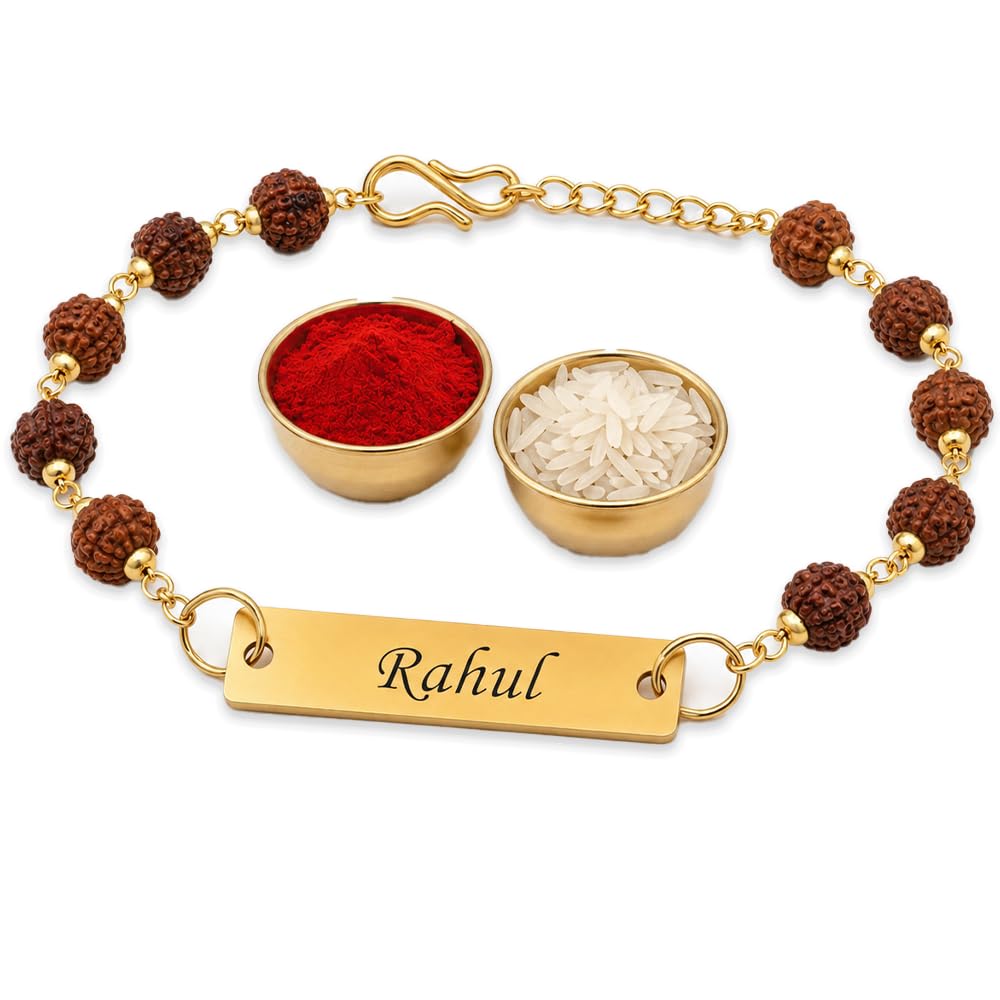 LOUIS MILLER Personalize Rakhi | 24K Gold Plated 5 Mukhi Rudraksha Name Rakhi-image-6