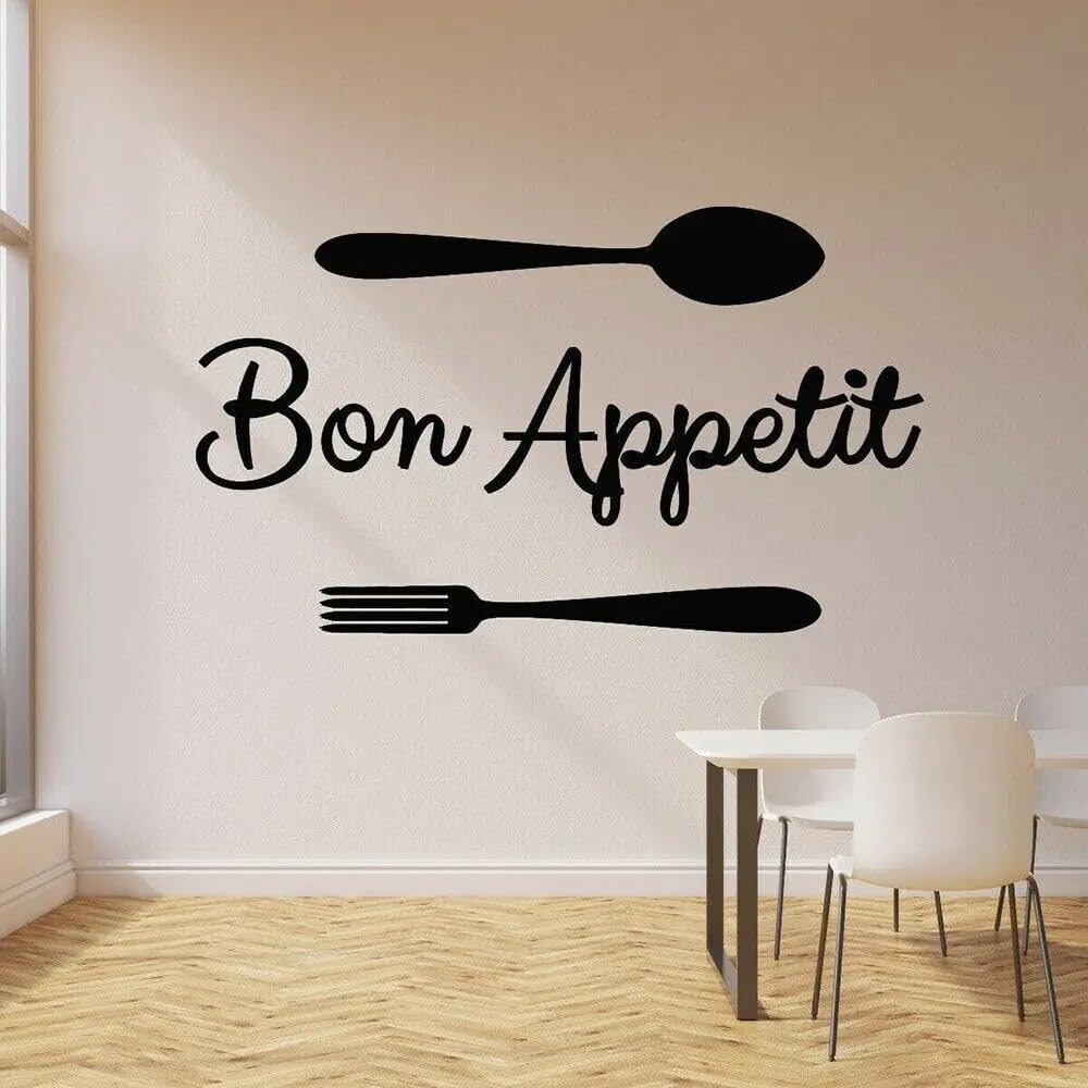 Bon Appetit Vinyl Wall Decal Bon Appetit Words Window Sticker Fork Spoon Dining Kitchen Restaurant Home Decor Wallpaper 60x42cm