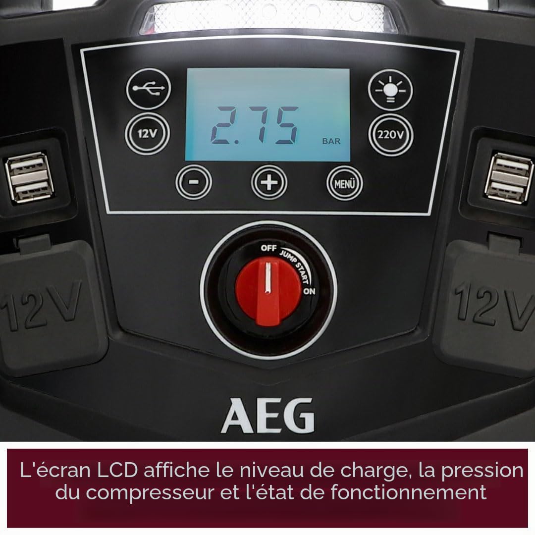 AEG - Station d'énergie Portable - 12 V - avec démarreur Automatique, compresseur d'air, convertisseur de Tension 220 V, Prise de Courant et 4 Ports USB, Noir/Rouge