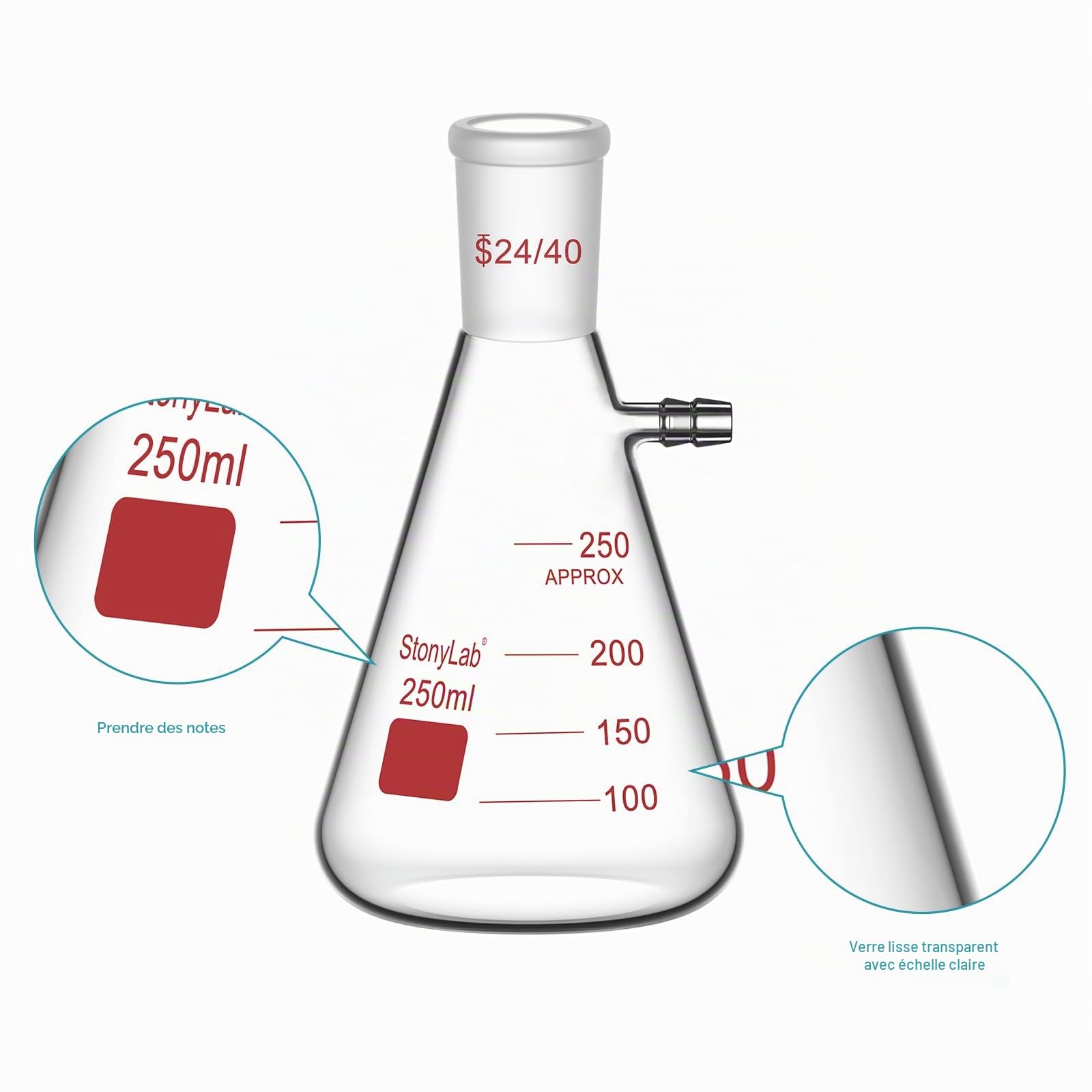 stonylab Fioles Filtrantes avec Joint Extérieur Conique Standard 24/40, Fiole à Filtre en Verre Borosilicaté à Paroi épaisse, Col à Boulon avec Tubulure, 250 ml