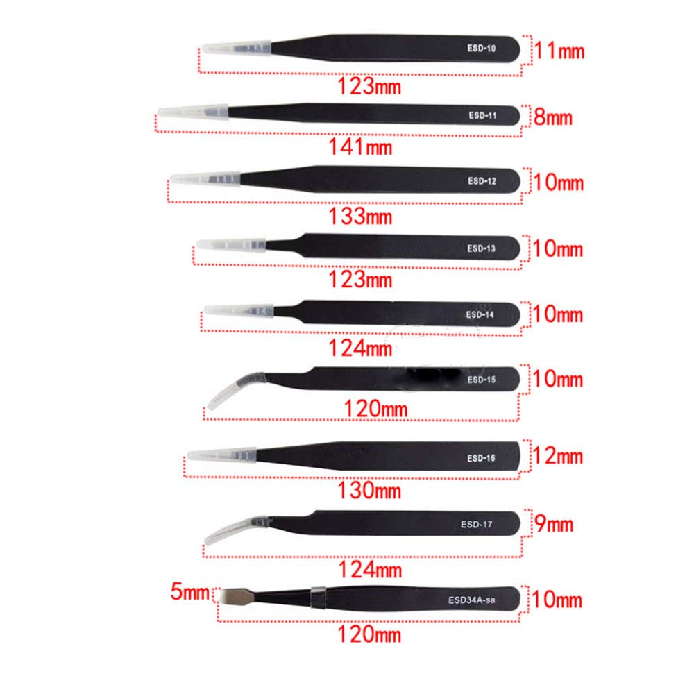 Set di 9 pinzette per sopracciglia, in acciaio inox, con sacchetto di raccolta, 2 colori, pinzette curve, per artigianato, gioielli, elettronica, lavoro di laboratorio