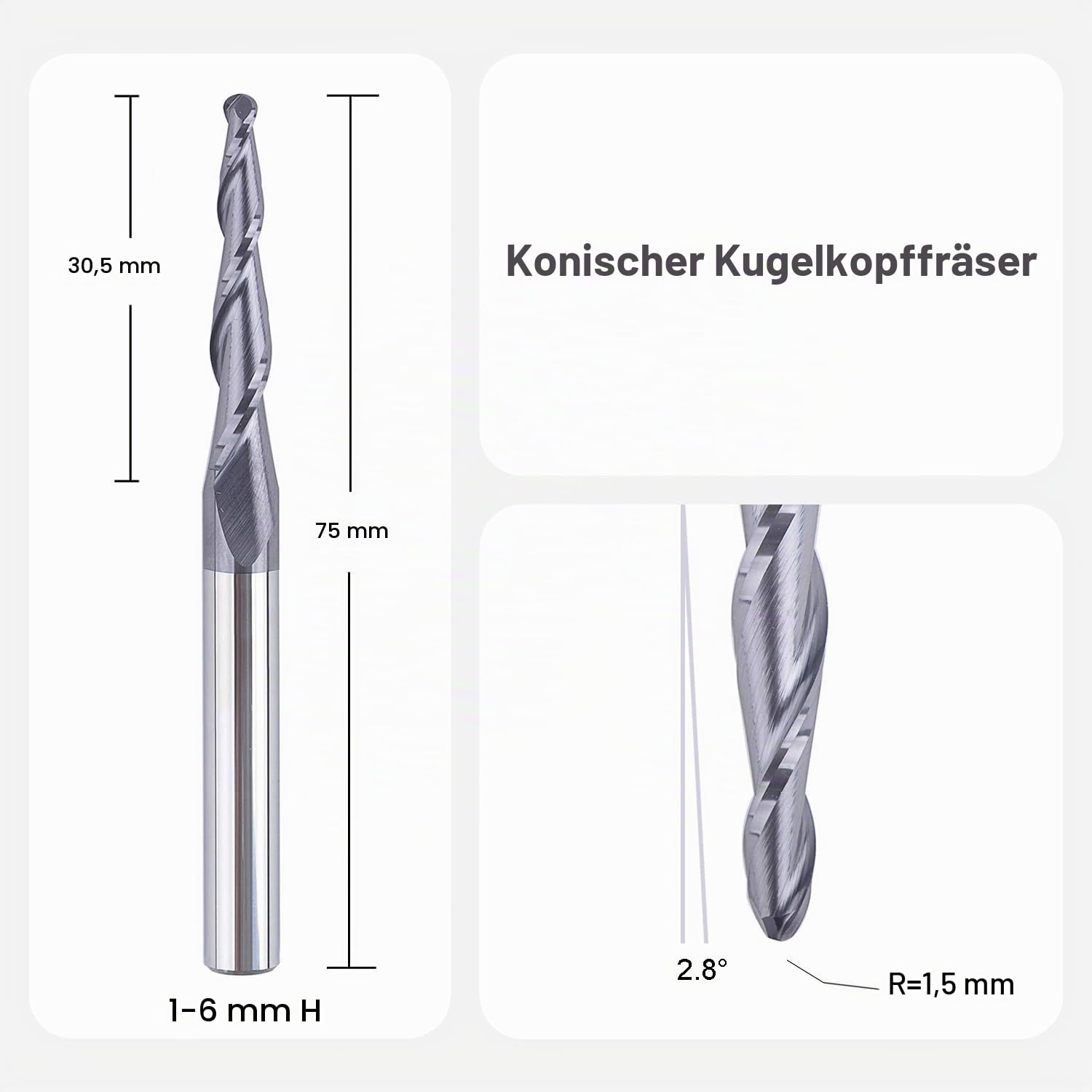 SpeTool Kugelkopffräser Konische Fräser CNC 2 Flöten 1,5 mm Radius Gravierfräser 6mm Schaft mit TiAlN Beschichtung VHM Schaftfräser für Oberfräse 2D und 3D Gravur