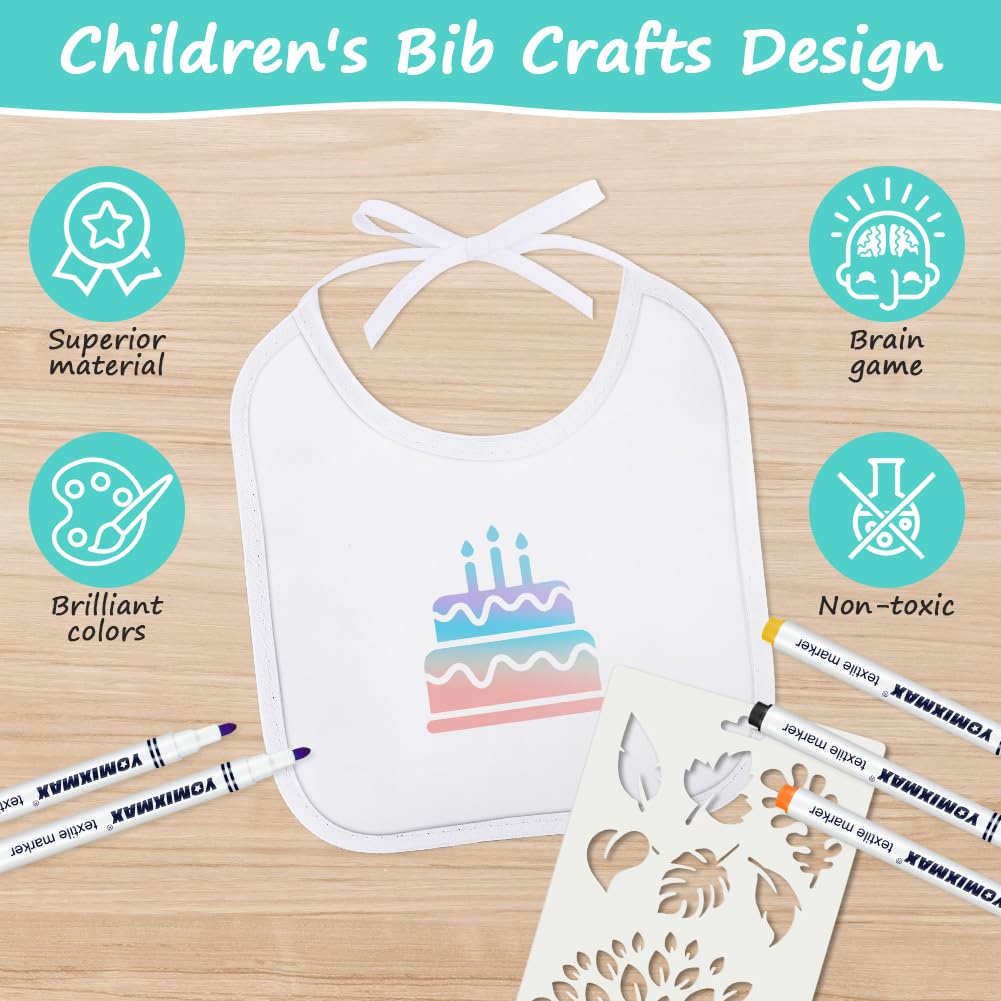 Vicloon Baberos de Bebé para Pintar, 12 Baberos Blancos Impermeables de Algodón con 12 Bolígrafos Textiles y 14 Plantillas, DIY Creativo para Bebé, Regalos para Baby Shower (20 x 18 cm)