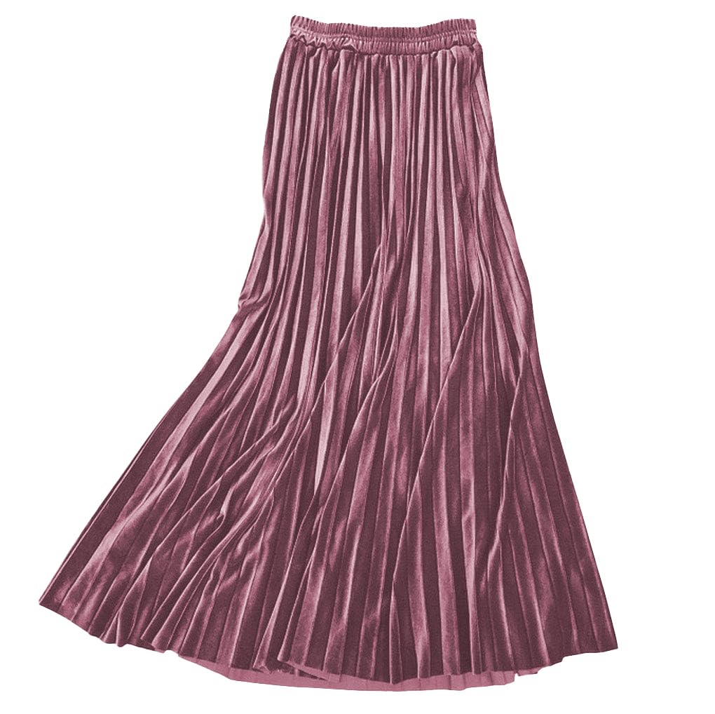 ebossy Womens Fall Winter High Wasit Ankle Length Velvet Maxi Long Pleated Skirt