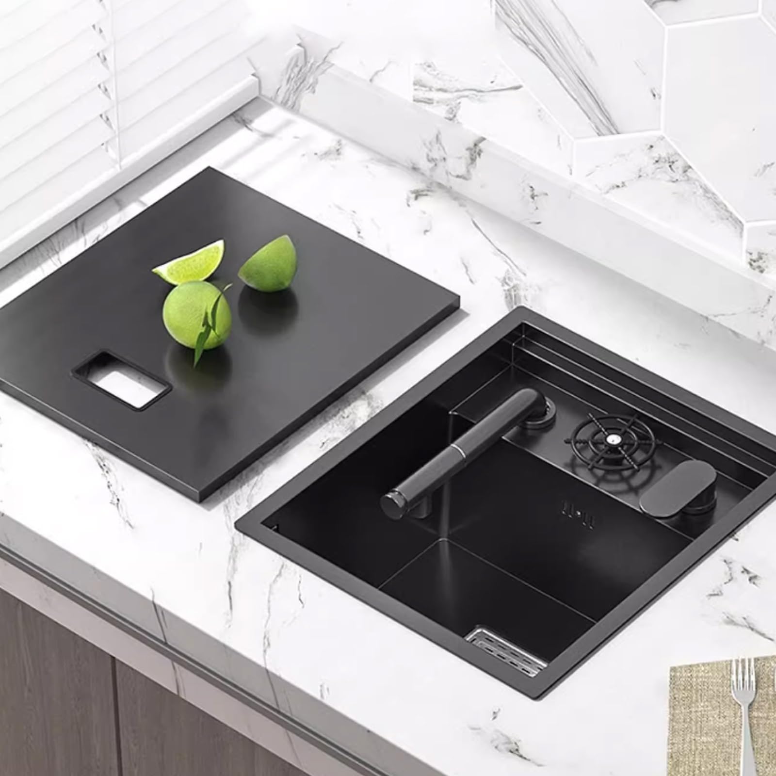 Fregadero de cocina de acero inoxidable negro con grifo elevador y arandela de taza oculta, fregadero de un solo tazón para el hogar, apartamento, bar, RV, kit de instalación completo (45 x 38 x 22 cm