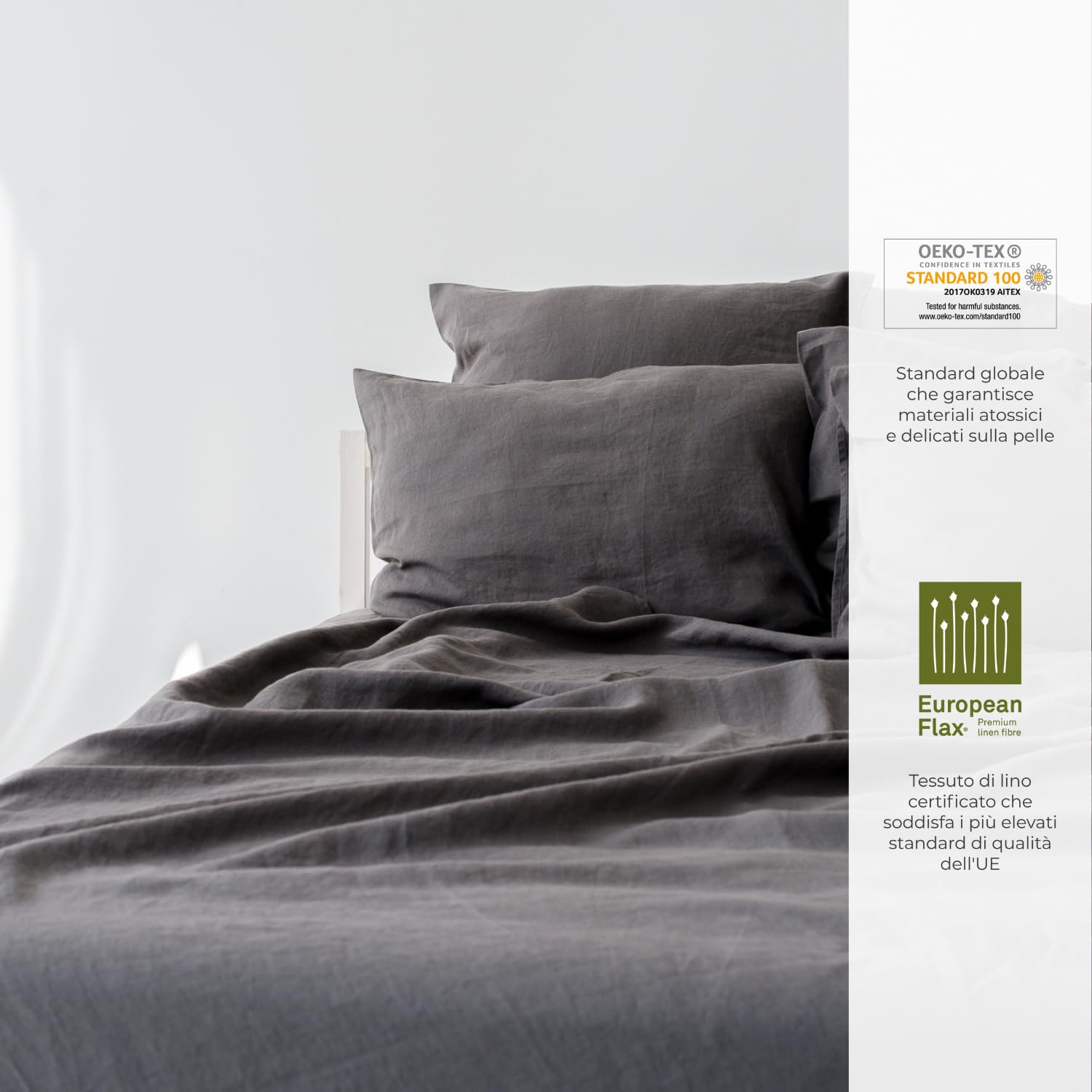 My Linen Home Lenzuolo Sopra Lino Lavato (100% Stonewashed) in Grigio scuro, 230x270 cm I Ipoallergenico, termoregolatore e traspirante I Delicato e morbido anche per la pelle più sensibile