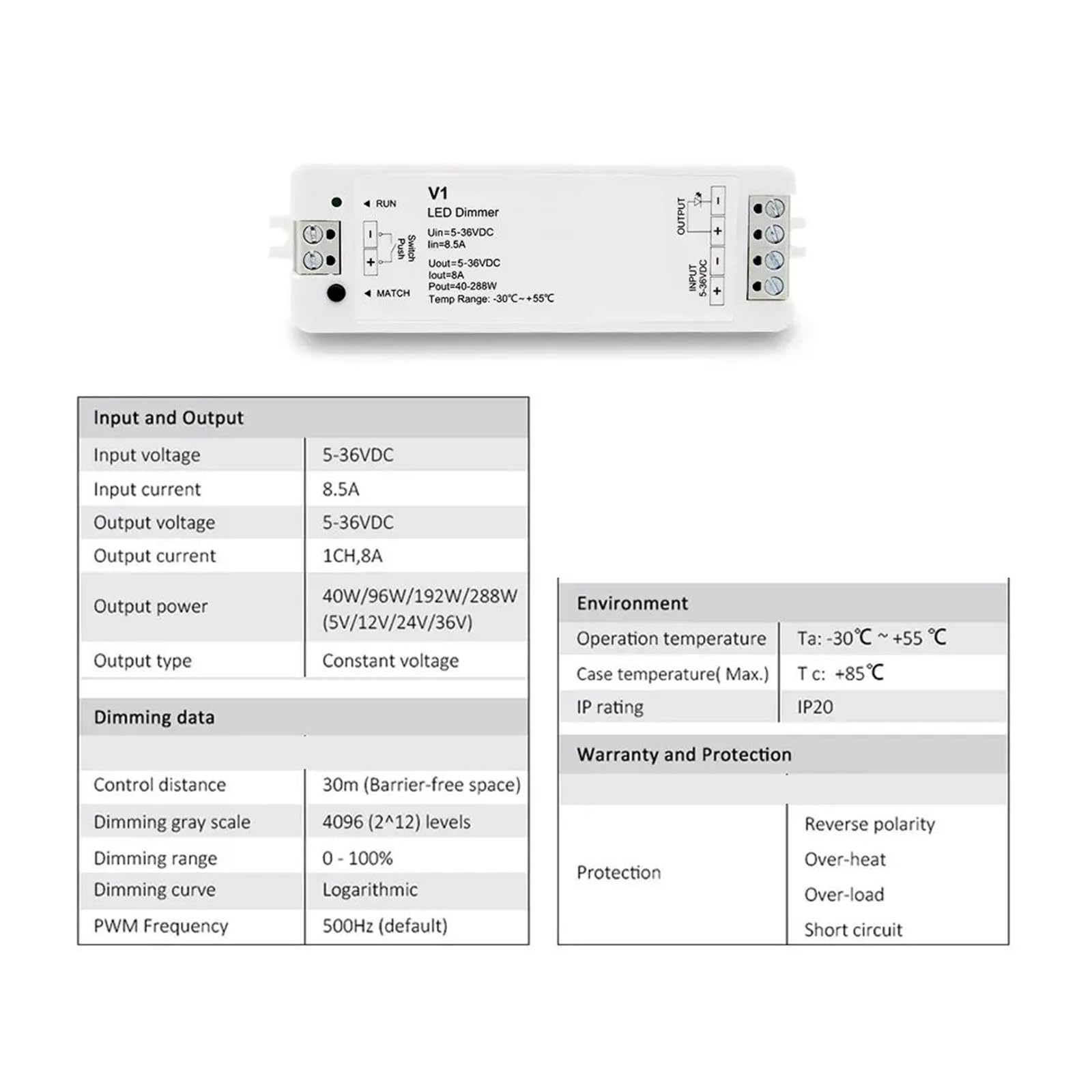 Regulador de intensidad LED V1, 12 V, 24 V, 36 V, 5 V, 8 A, control remoto táctil, interruptor de atenuación LED, tira de luz de un solo color COB 2835(V1 Receiver Only)