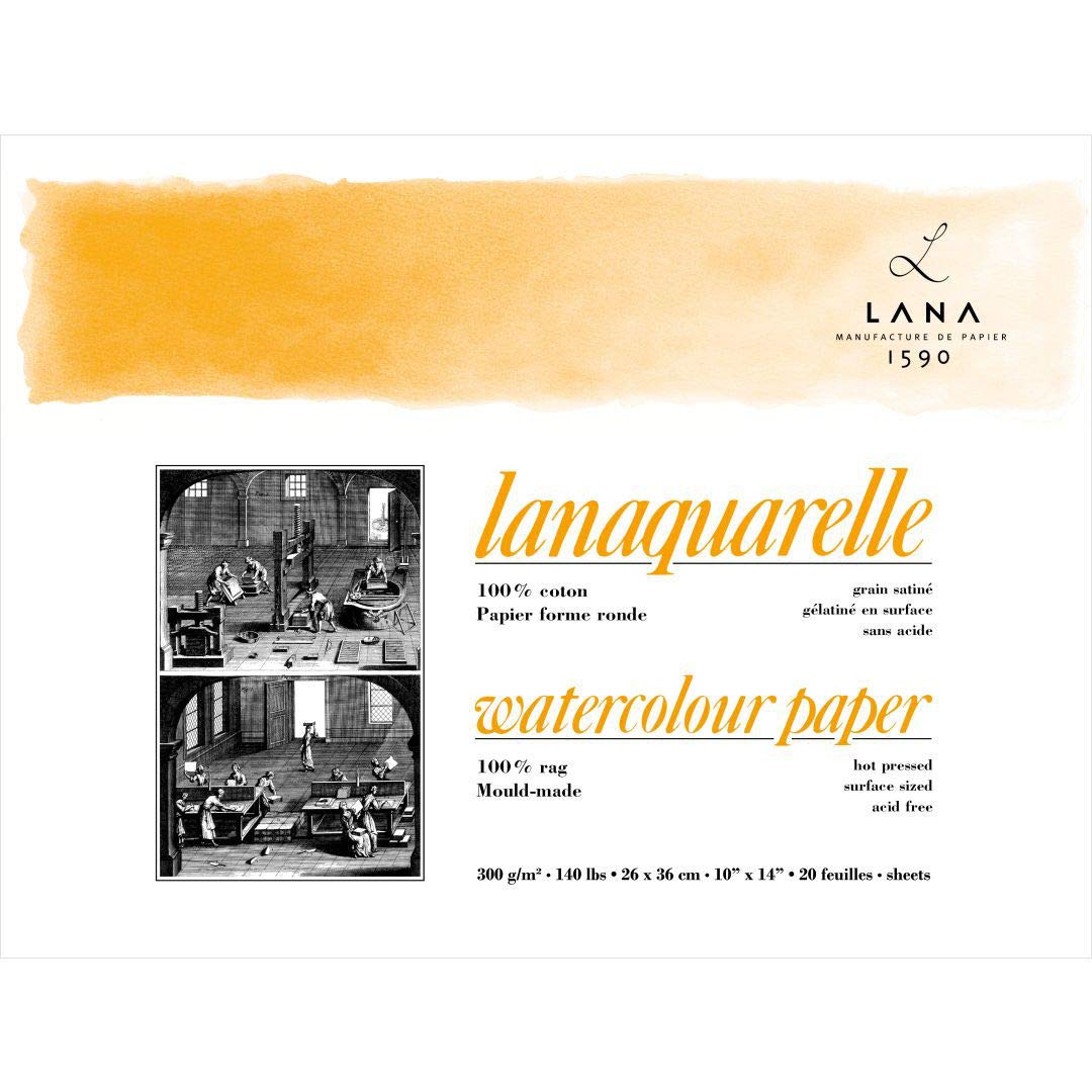 Lana Artists' Watercolour - Lanaquarelle - 26 cm x 36 cm Natural White Smooth/Hot Press 300 GSM 100% Cotton Paper, 4 Side Glued Pad (Block) of 20 Sheets
