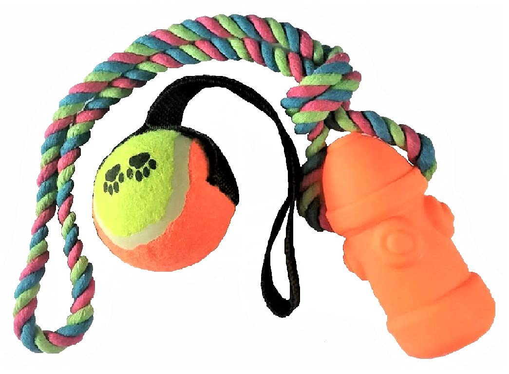 Generic Dog Pull Toy Set, Orange Rope Fire Hydrant with Squeaker and Orange and Yellow Rope Tennis Ball, Chew Toys, Great Play Set for Small, Medium and Large Dogs Useful for Training and Teething