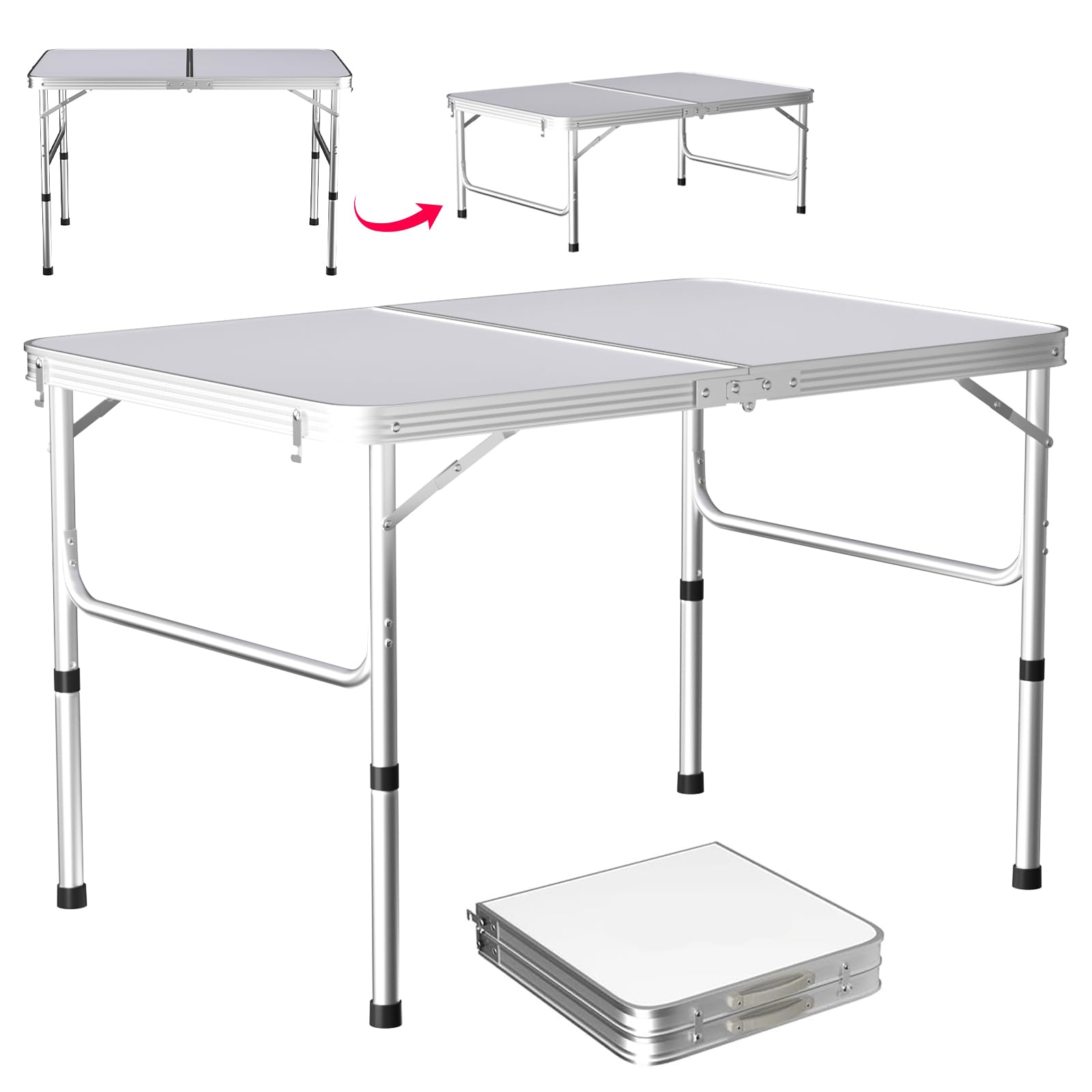 3ft Picnic Folding Tables, Aluminum Picnic Table with 2 Adjustable Height (37/67cm) for Camping with Carry Handle, Camping Table Lightweight for Picnic, BBQ, Fishing, Outdoor, Indoor (90x60x37/67cm)