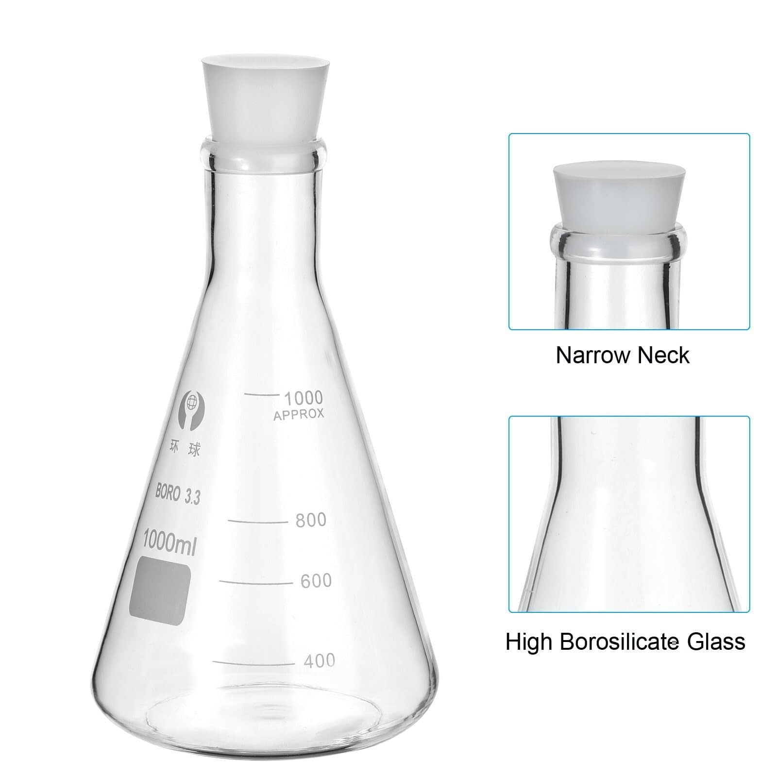 Matraz de Erlenmeyer, 2000ml Cuello Estrecho Vidrio de Borosilicato con Tapón de Silicona y Graduación Impresa(1,1000ml/33.8oz)