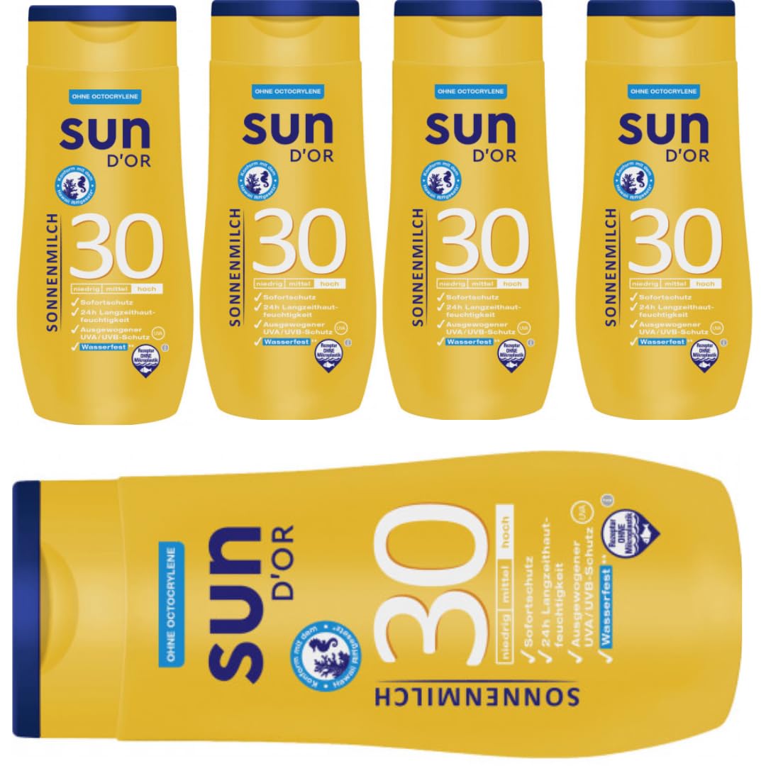 Sun D'Or Sonnenmilch Sonnenschutzmittel Sun UV Dry Protect Sport Sonnencreme LSF30 250 Mililiter x 5 STÜCK Mit Pufai Überraschungsgeschenk