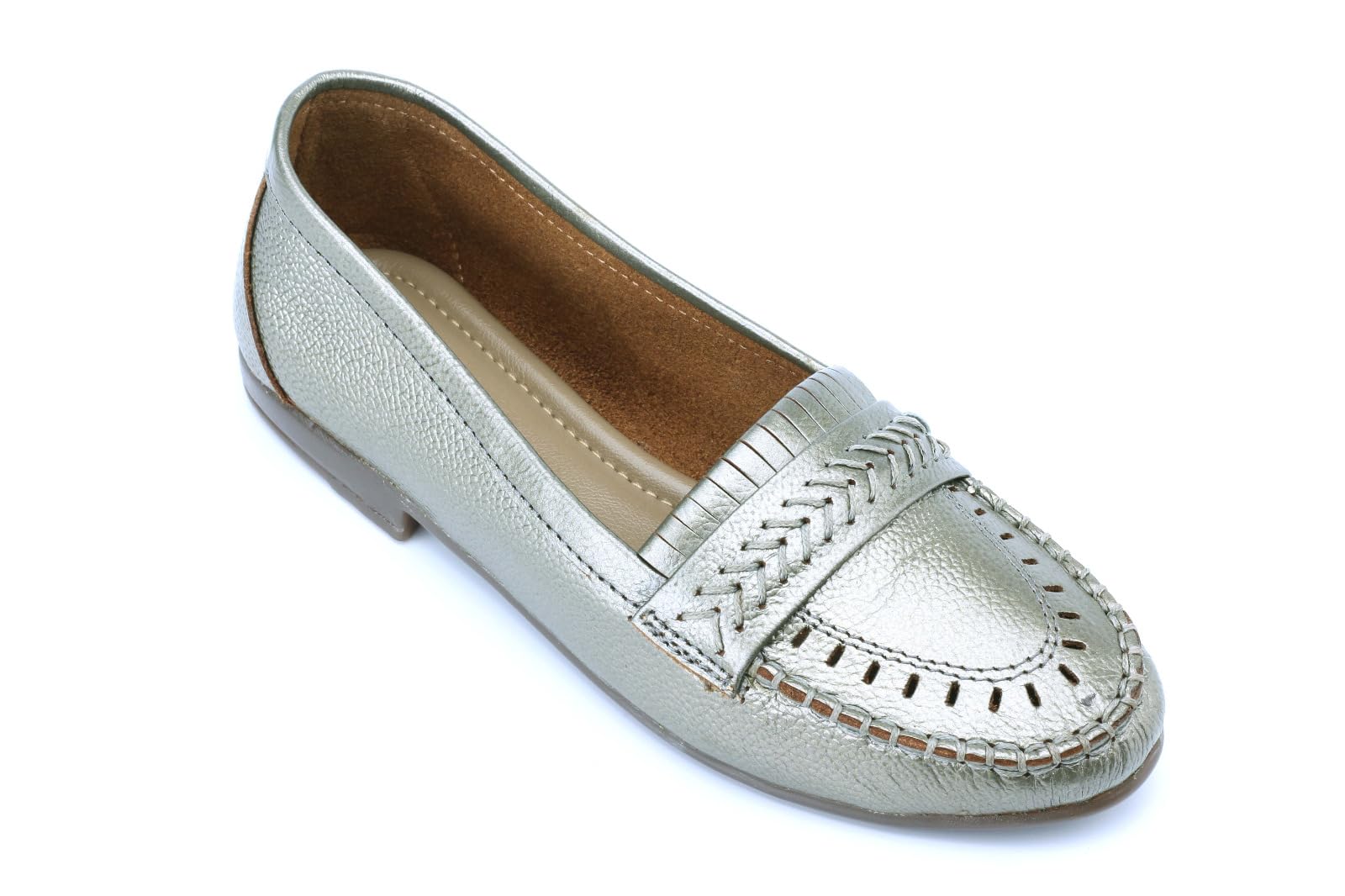 bellapaso Women's Leather Loafers, Silver, Slip-on with Woven Strap Detail, Flat Sole, Casual Style-picture-10