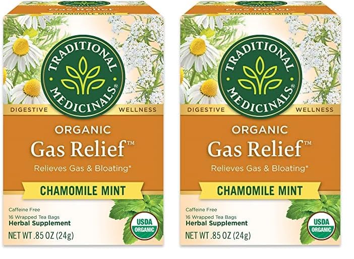 Traditional MedicinalsOrganic Gas Relief Chamomile Mint Herbal Tea, Relieves Gas & Bloating, (Pack of 2) - 16 Tea Bags