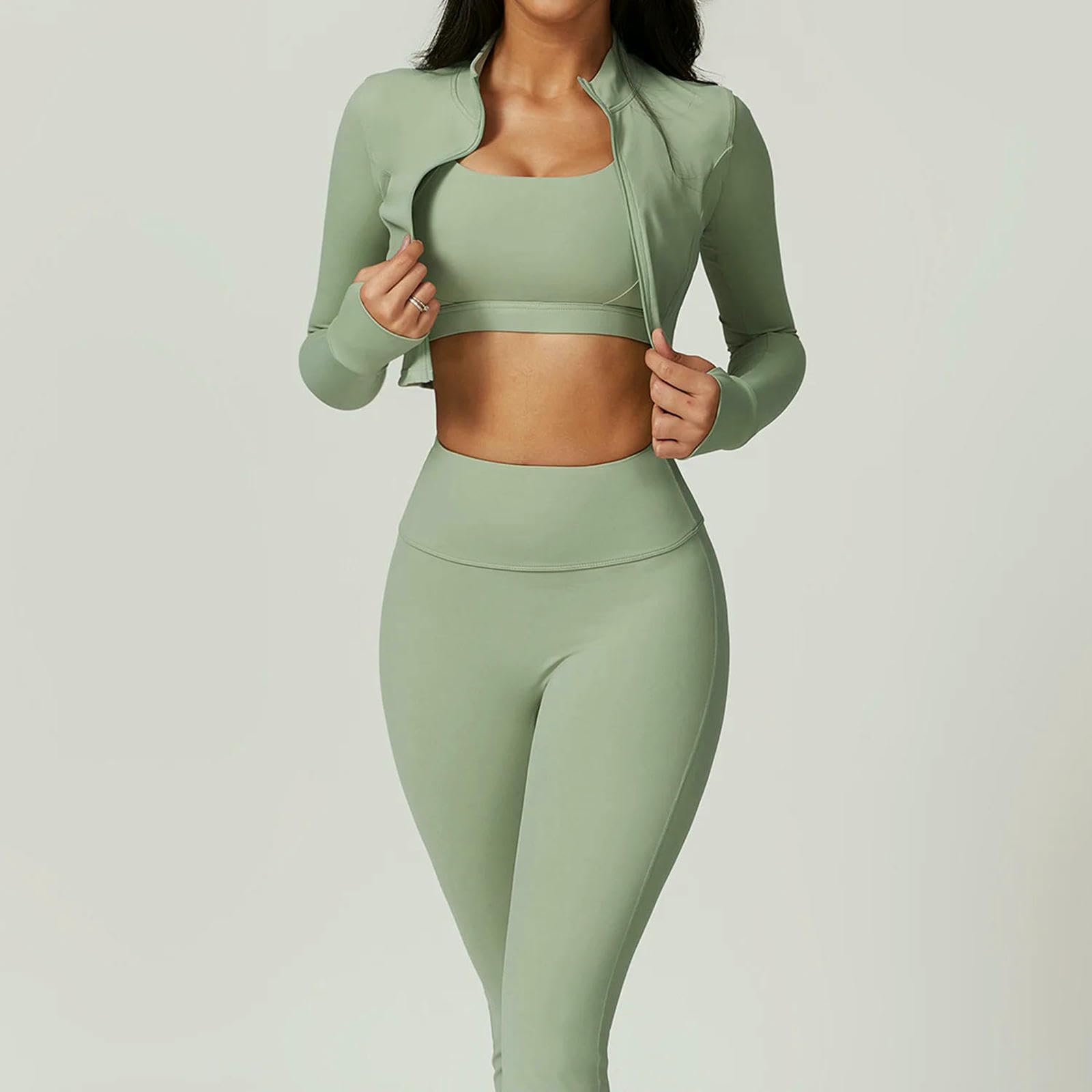 Shapewear 3pcs Yoga Set Women Workout Sets Sportswear Fitness Zipper Long Sleeve Leggings High Waist Sports Suits-jiaocha Coffee_a-m