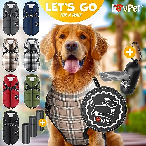 LOVPET® Hundejacke Hundemantel mit Geschirr, inkl. 45 Stück Kotbeutel + Spender, Hunde Winterweste gefüttert wasserdicht, Gepolsterte Weste Mit Brustgurt, Reflektoren, D-Ring XL, Beige