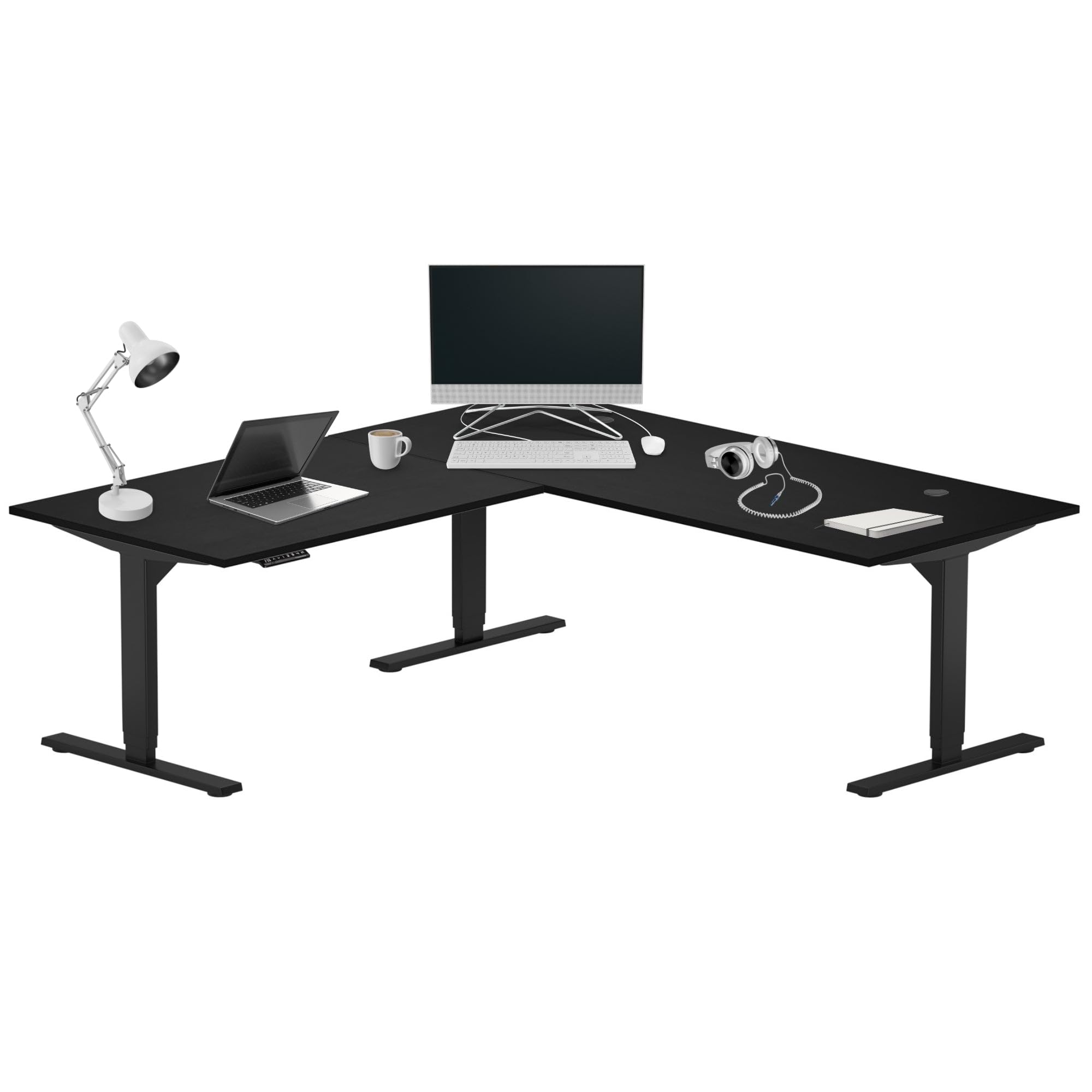 Progressive Desk Height Adjustable Electric Standing Desk - L Shaped 72" x 72" Computer Stand Up Rising Workstation Corner Table - Black Frame, Ebony