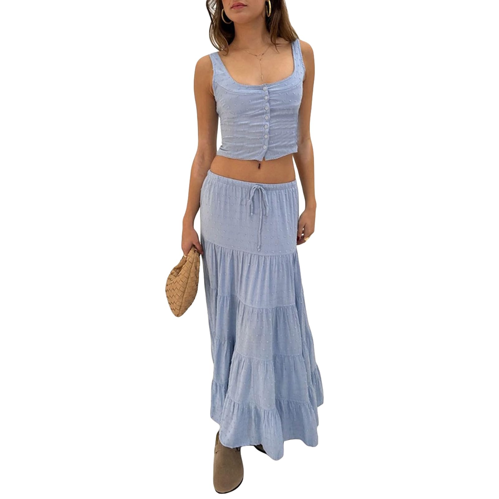 FeMereina Womens 2 Piece Maxi Skirt Set, Sleeveless Button Down Tank Top and Flowy Long Skirt 2024 Summer Beach Outfit (Blue, XL)