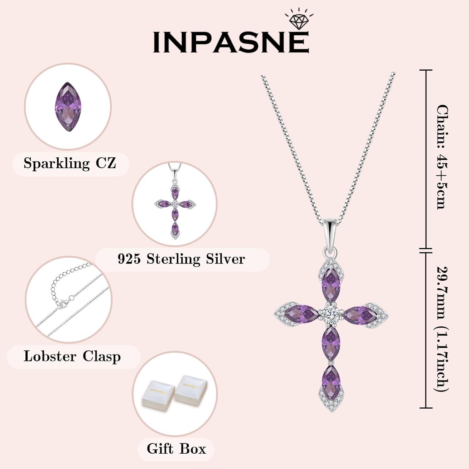 Women Cross Necklace 925 Sterling Silver Halo Gemstone Necklace Crucifix Religious Pendant Birthstone Jewelry Gifts for Her