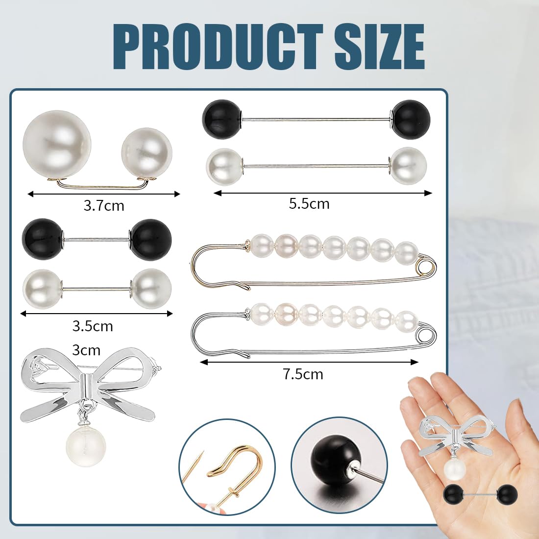8Pièces Perle Broche, Broche de Perle de Mode, Broche Élégante Fausses Perles Mode Broche de Perle Simulée Épingle Sécurité Clips pour Femmes Pull Col Châle Cardigan Echarpe pour Saint Valentin