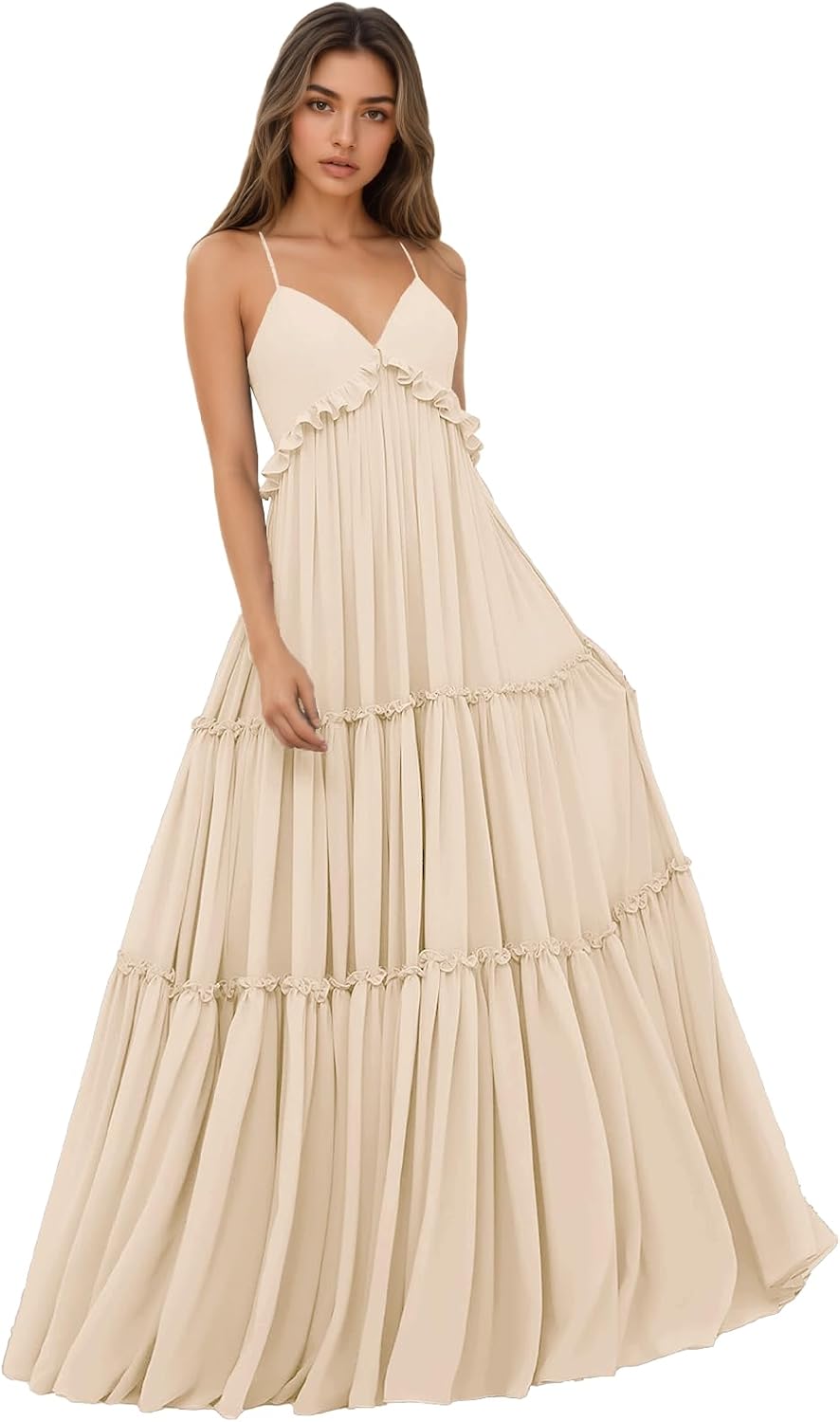 Spaghetti Strap Bridesmaid Dresses for Women Beach Wedding Long Ruffle Boho Formal Evening Dress
