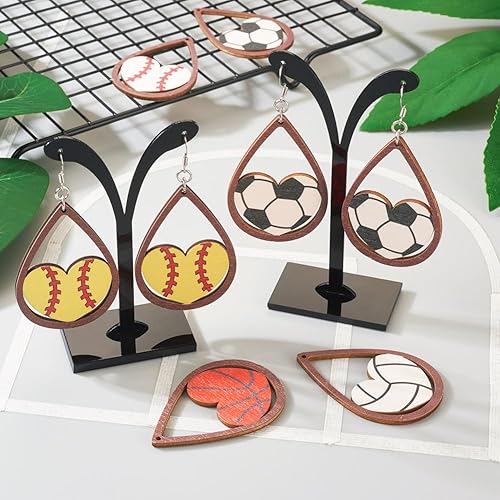 Miniatura 3 de Juego de 20 piezas de aretes de bola deportiva para fútbol, baloncesto, rugby, dijes de madera, 5 estilos, aretes de bola deportiva con ganchos para