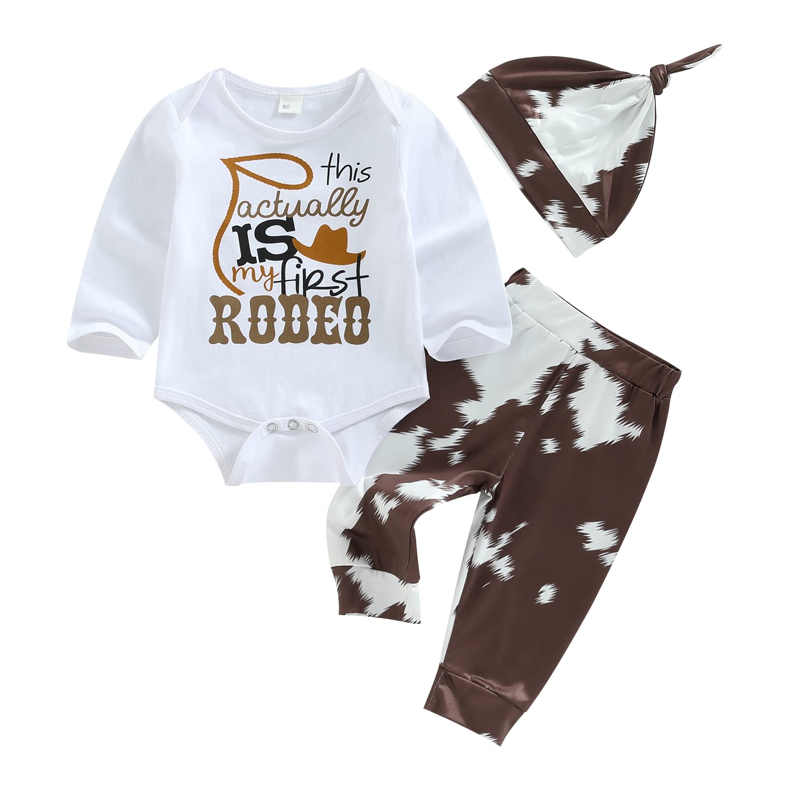 Youweixiong Newborn Baby Boy Girl Clothes Long Sleeve Letter Romper Top Cow Spot Print Pants Hat Set Infant Fall Winter Outfits 3Pcs (Brown+Cow Spot, 0-3 Months)