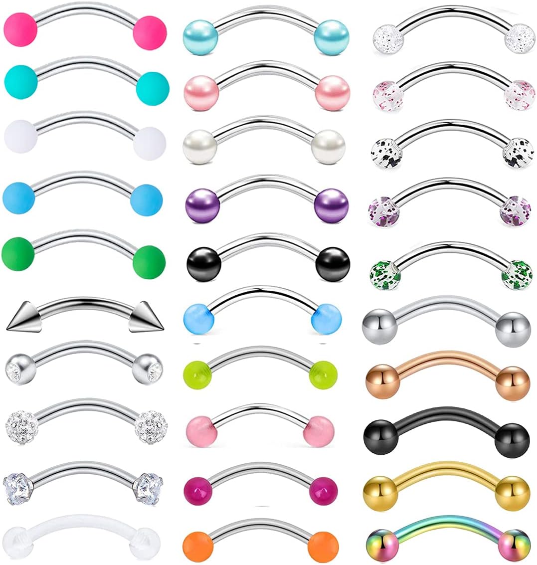 30pcs 16G Curved Barbell Eyebrow Rings Piercing Surgical Steel Daith Rook Earring Cartilage Body Jewelry for Women Men 8mm