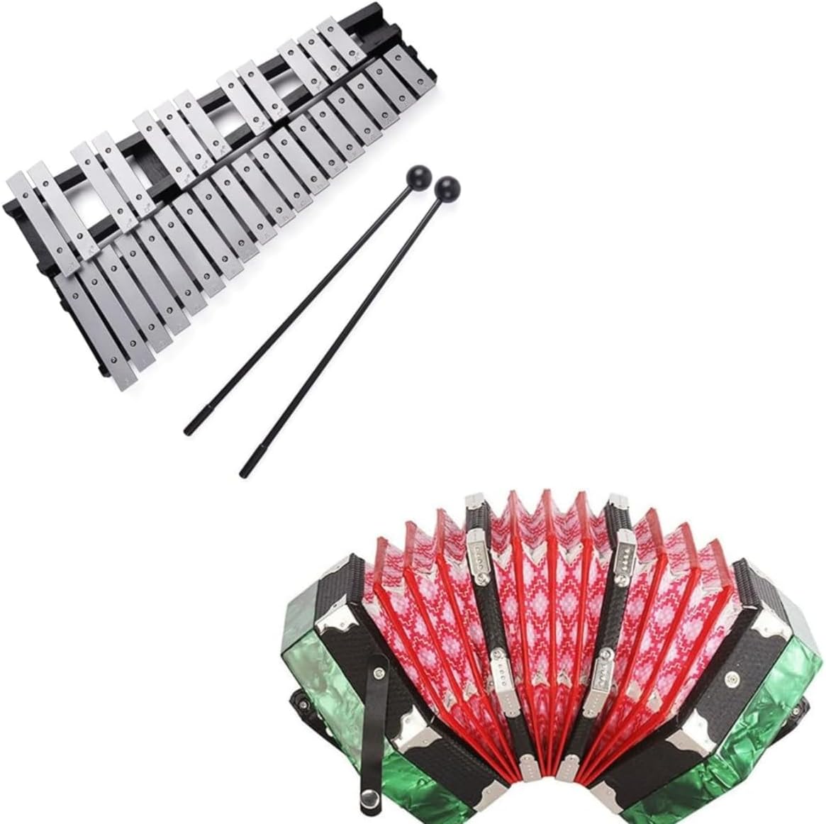 Foldable 30 Note Glockenspiel Xylophone Wooden Frame Aluminum And Concertina Accordion 20-Button 40-Reed Anglo Style