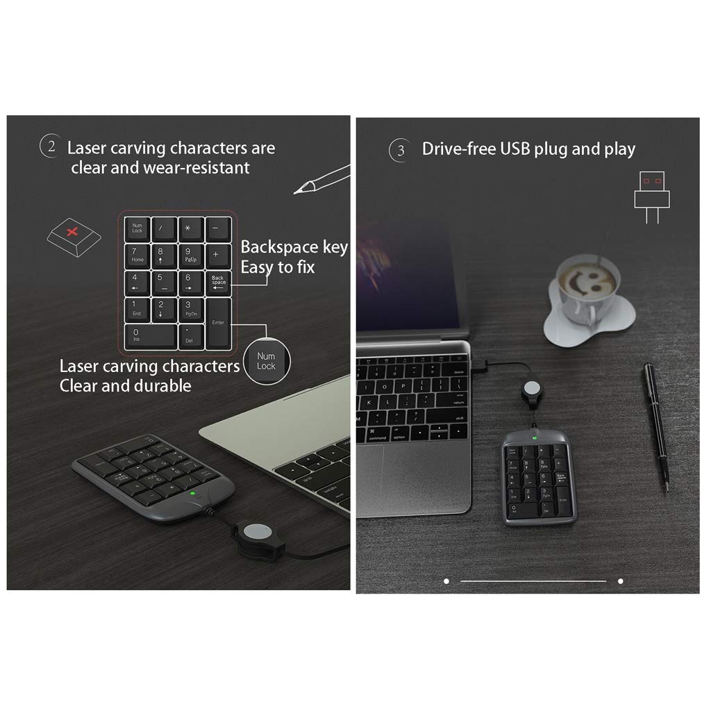 ARCH Mini Tastiera Numerica, Tastiera Portatile Computer Ergonomica, USB Telescopica Cavo for Il Settore Bancario, Registratore di Cassa, Contabilità